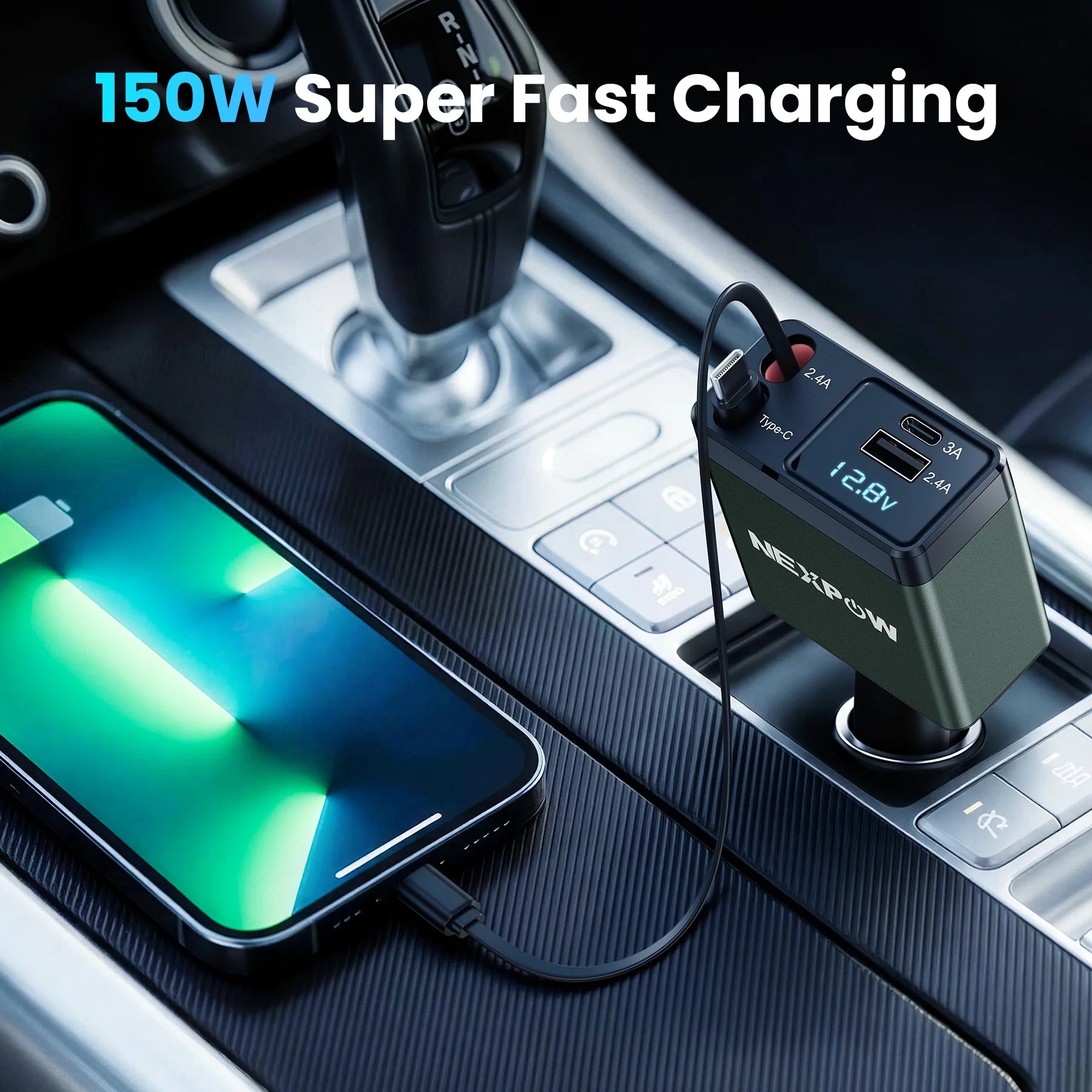 NEXPOW Retractable Car Charger Adapter, 150W Fast Charger for Car, 4 in 1 Car Phone Charger with Cables(2.6Ft), 180° Adjustable,Voltage Display-Green