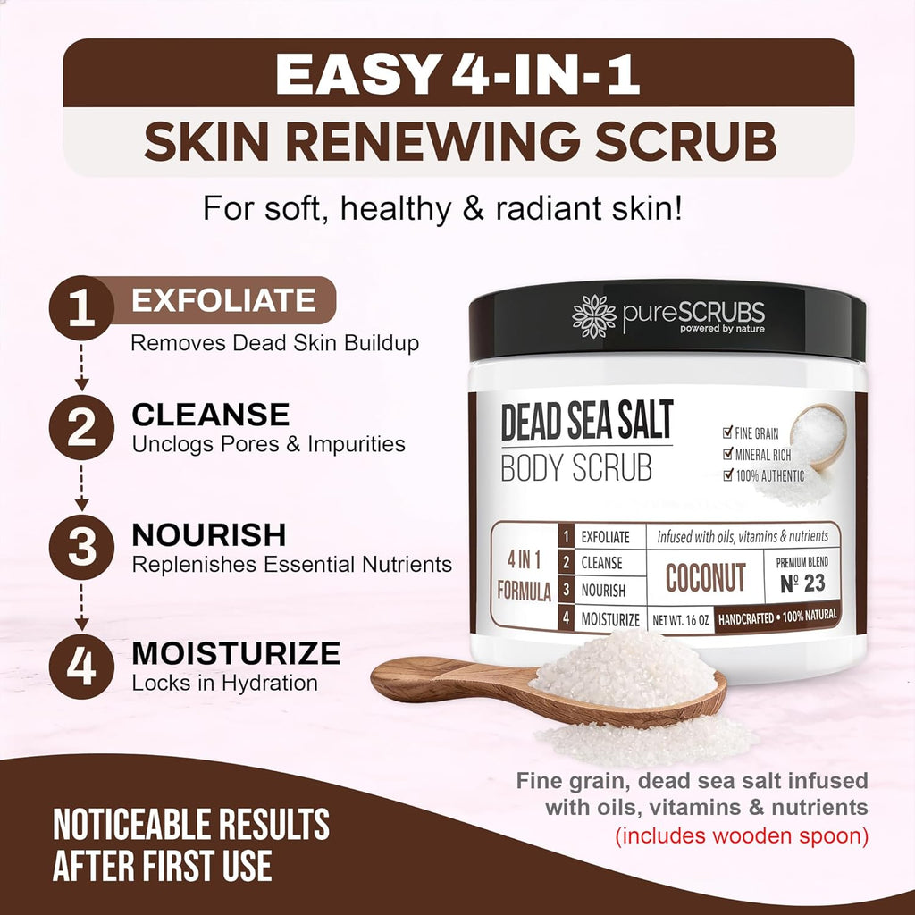 Purescrubs Premium Coconut Body Scrub Set - Large 16Oz Dead Sea Salt Body Scrub with Infused Essential Oils & Nutrients, Includes Wooden Spoon, Loofah & Oatmeal Exfoliating Bar Soap