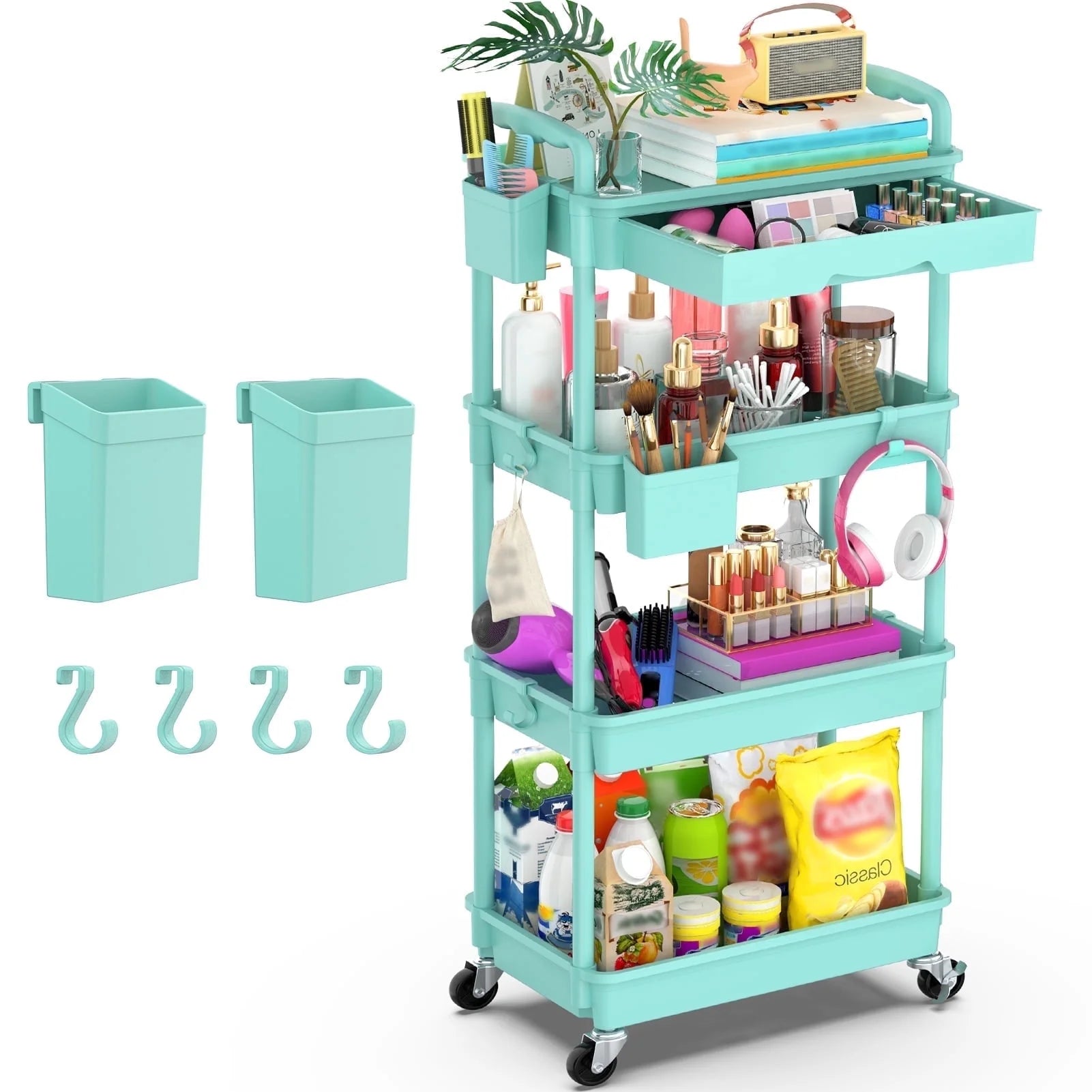 Yeabett 4 Tier Rolling Utility Cart Organizer with Removable Drawer, Mobile Storage Carts with 2 Lockable Wheels for Bathroom, Kitchen, Snack, Craft, Makeup, Baby Essentials，Purple