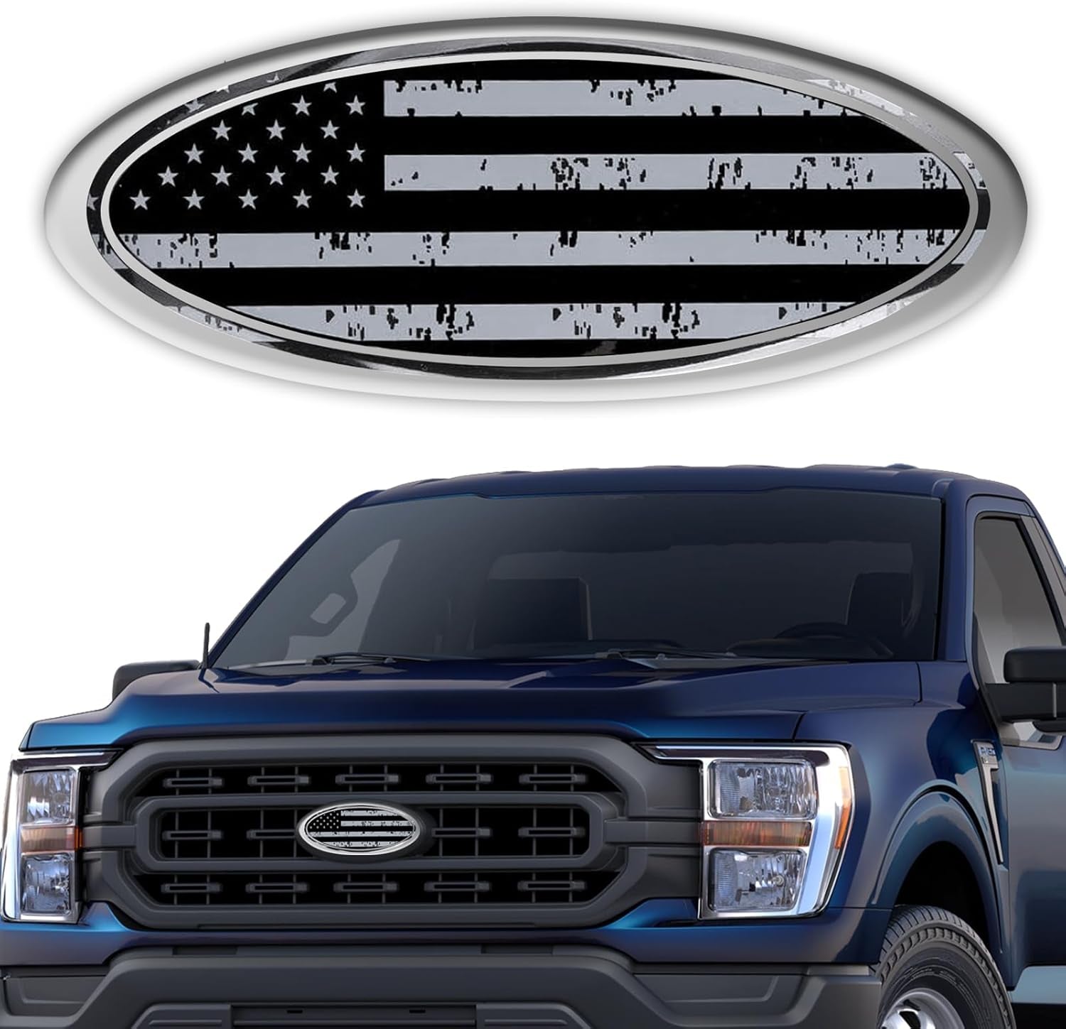 Premium Silver American Flag Tailgate Emblem for Ford F150 F250 F350 - 9 Inch Aluminum Oval Overlay Badge for Front Grill & Rear Tailgate