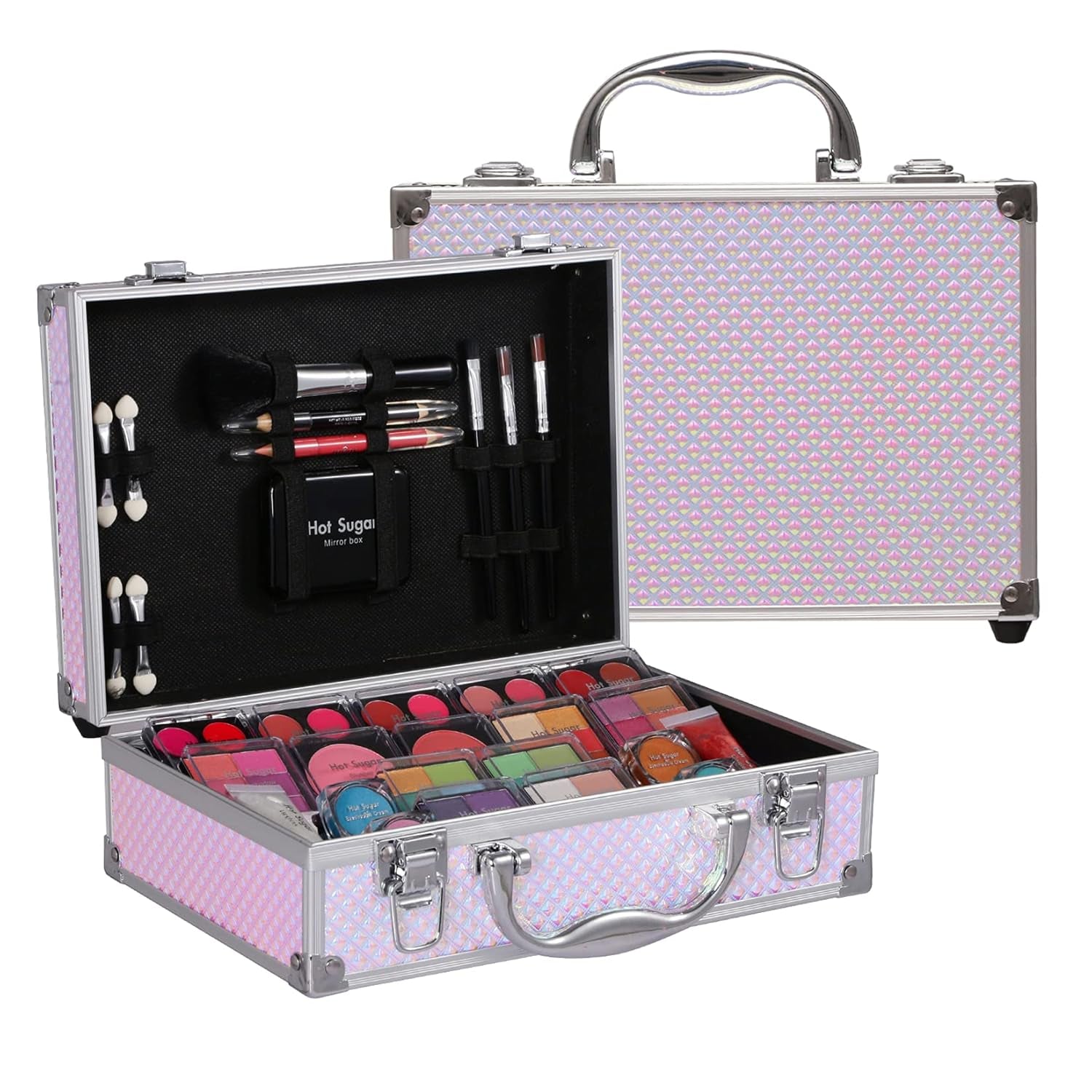 Hot Sugar Makeup Kit for Teenager Girls - Full Starter Cosmetics Set with Eye Shadow Lip Balm Blush Lip Gloss Brush Lip Pencil Eye Pencil and Mirror (Rainbow)