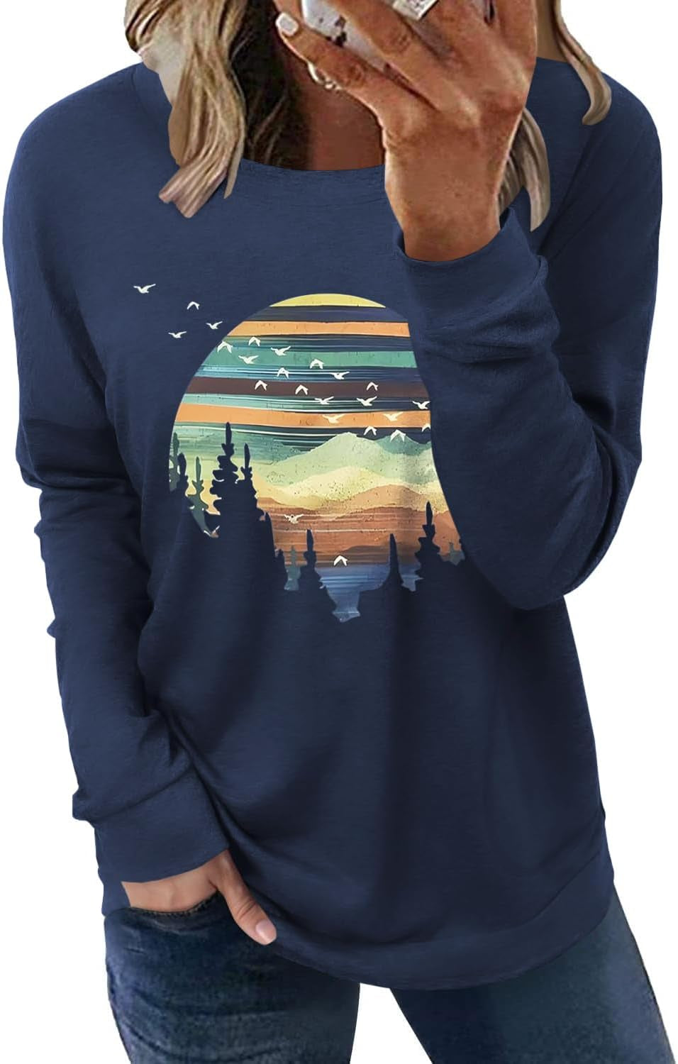 Hount Womens Casual Loose Fit Shirts Long Sleeve Comfy T-Shirts Pullover Sweatshirts with Pockets