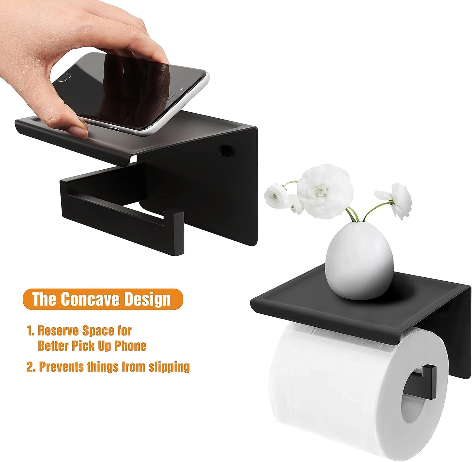 Sleek Matte Black Toilet Paper Holder with Shelf - Self-Adhesive or Wall-Mount for Stylish Bathrooms