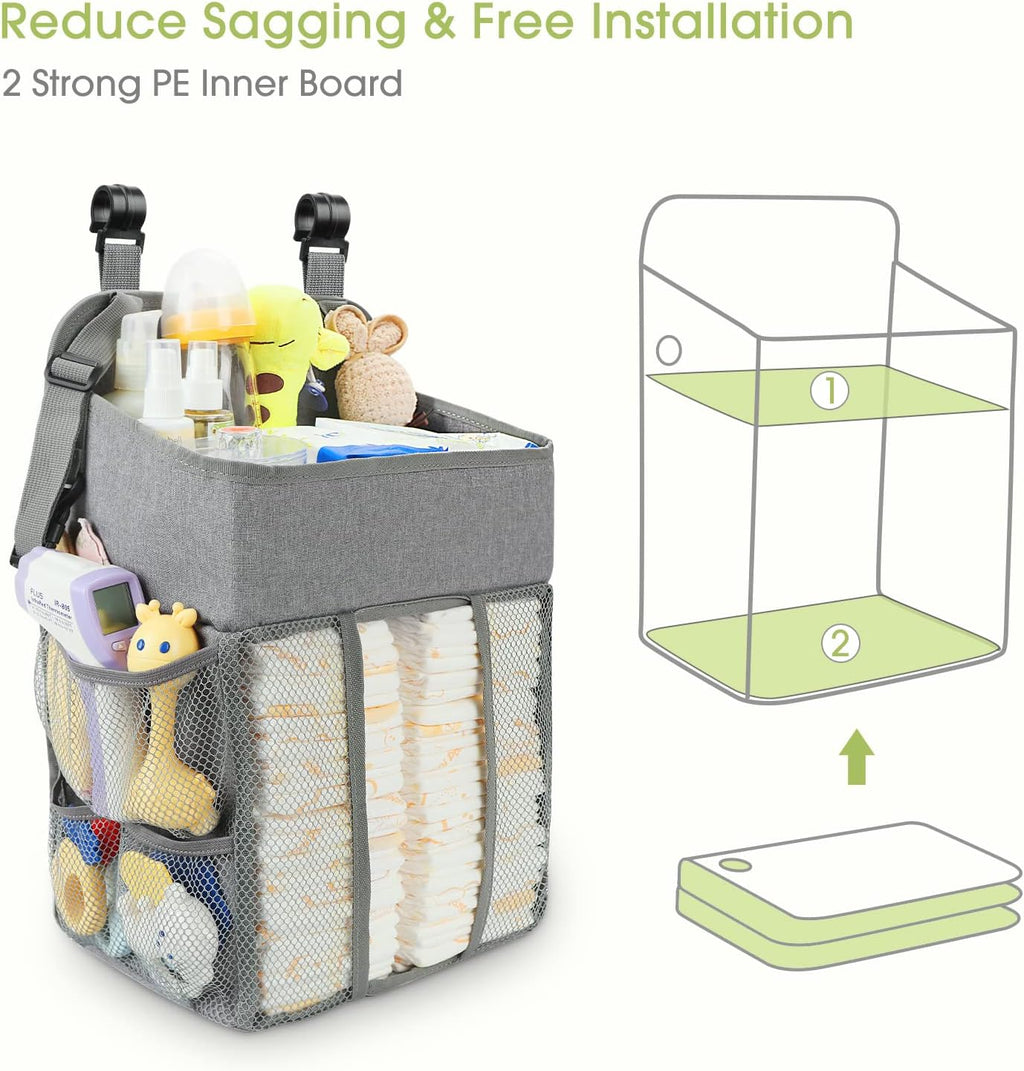Maliton Changing Table Diaper Organizer - Baby Hanging Diaper Stacker Nursery Caddy Organizer for Cribs Playard Baby Essentials Storage (Gray)