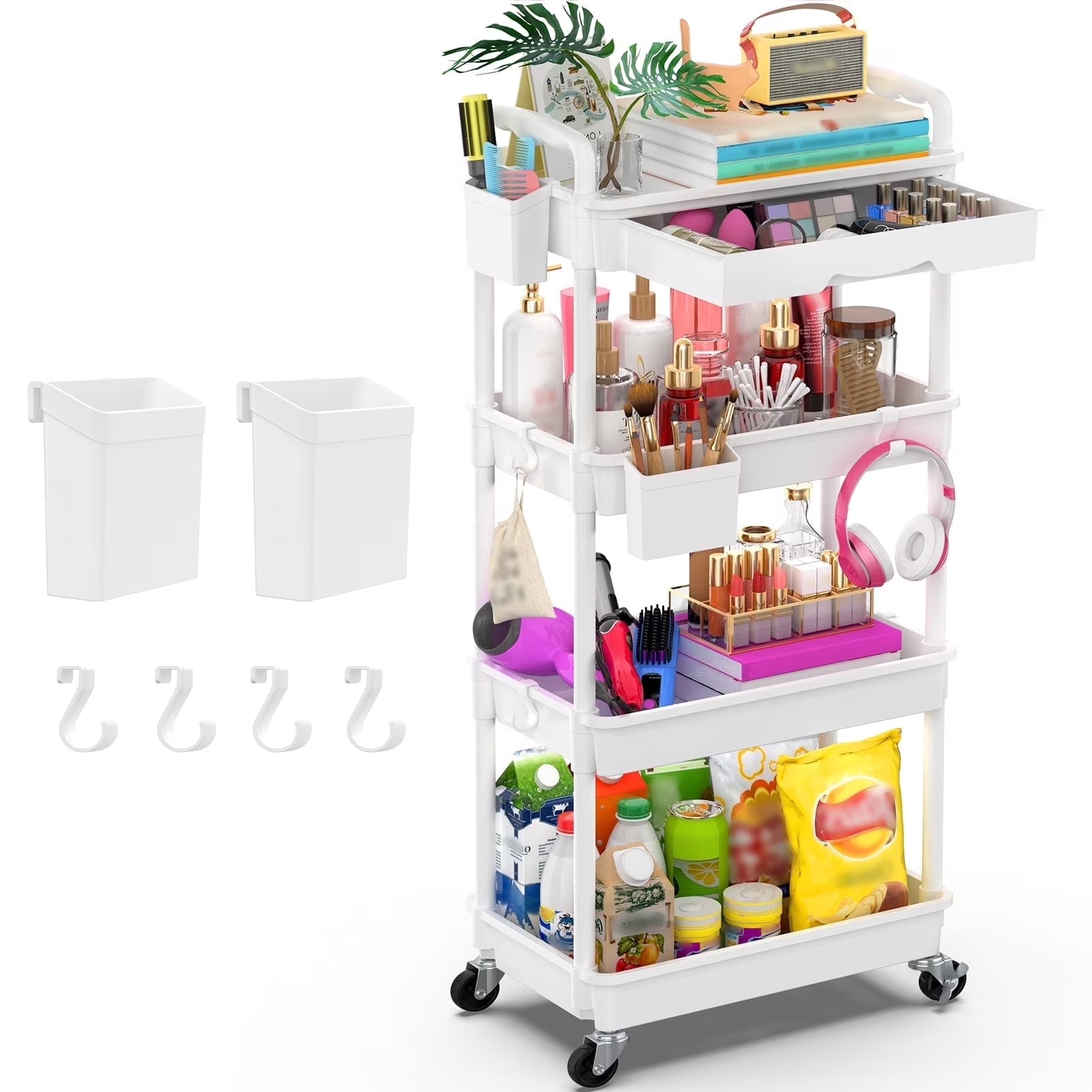 Yeabett 4 Tier Rolling Utility Cart Organizer with Removable Drawer, Mobile Storage Carts with 2 Lockable Wheels for Bathroom, Kitchen, Snack, Craft, Makeup, Baby Essentials，Purple