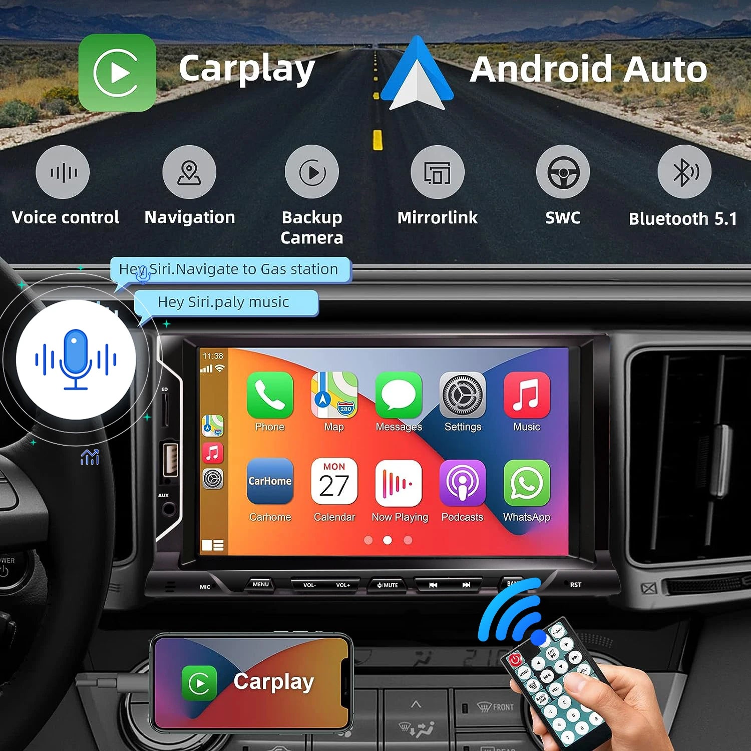 7 Inch HD Touch Screen Car Radio 2 Din Carplay Android Auto Car Stereo with Backup Camera Bluetooth Mirror Link FM AUX Input