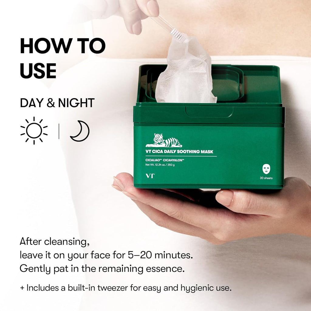 VT COSMETICS CICA Daily Soothing Mask - 30 Sheets of Hydrating & Moisturizing Facial Masks with Centella Asiatica & Hyaluronic Acid for Instant Calm, Glow, and Soft Skin - Korean Skincare Essential