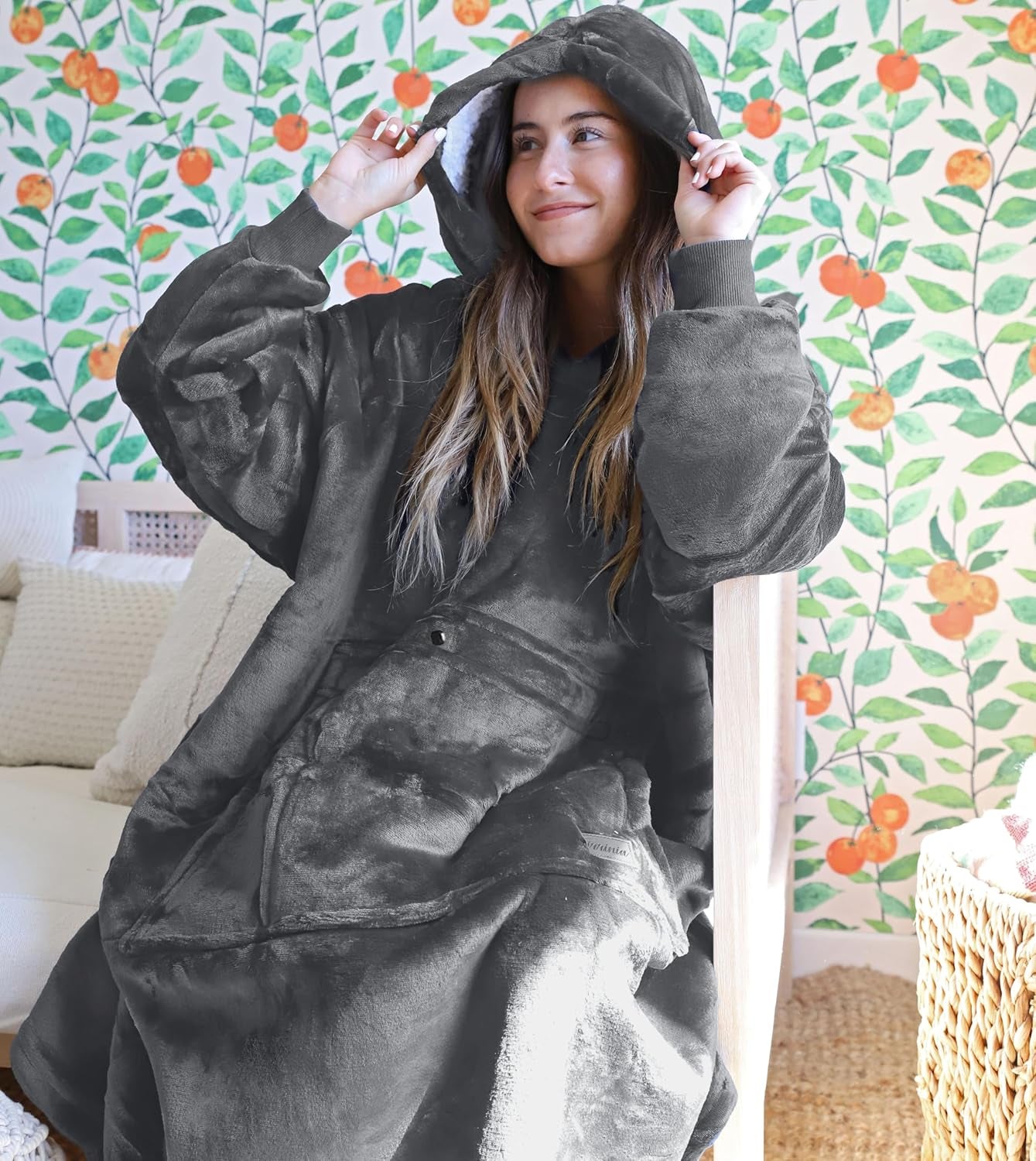 Cozy Up with Tirrinia Extra Long Oversized Sherpa Hoodie Blanket - Perfect Christmas Gift for Men, Women, and Teens in Grey!