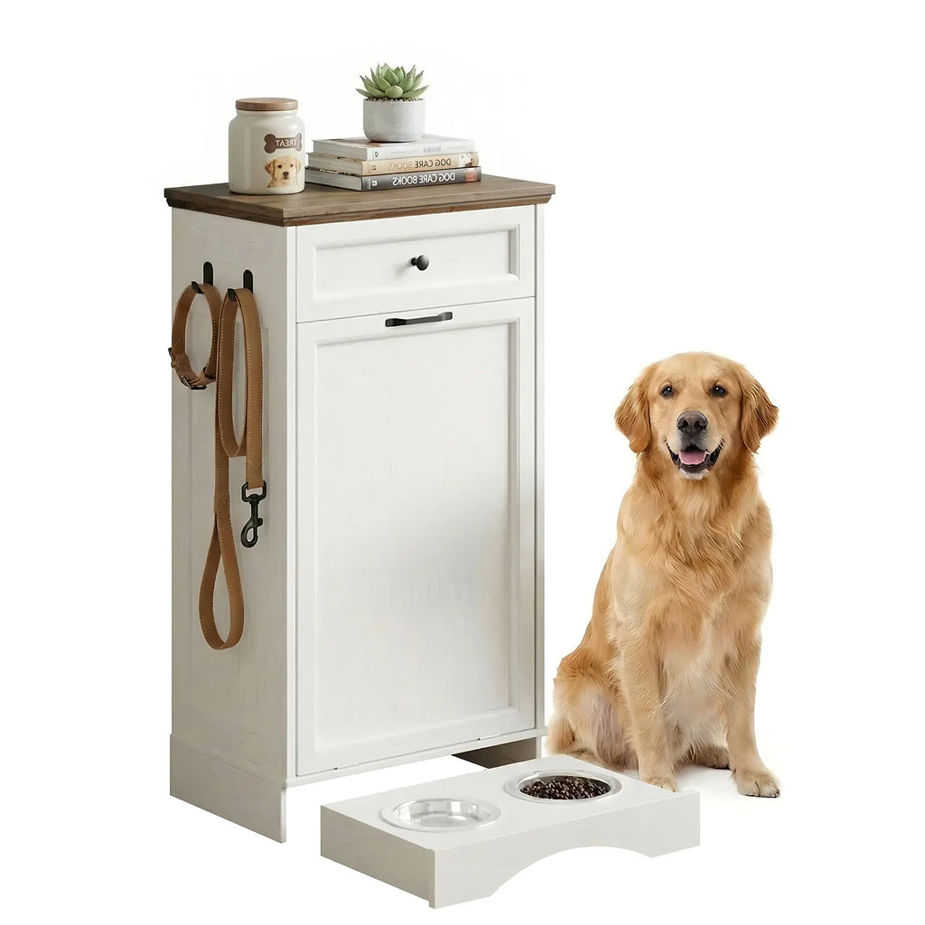 Elevated Dog Feeding Station with Tilt-Out Food Cabinet and Drawer for Pet Feeding and Kitchen Storage