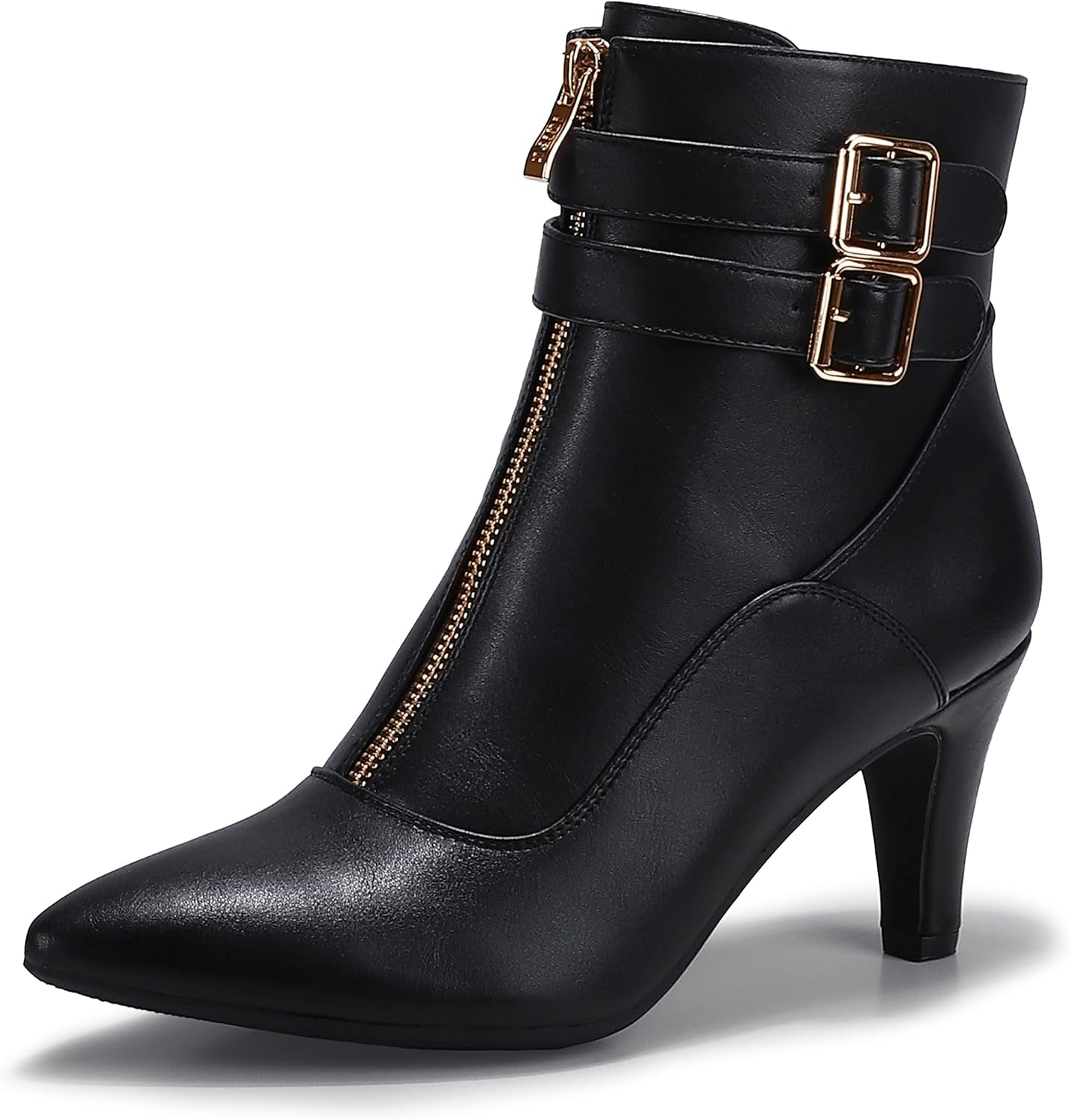 IDIFU Women'S Pointed Toe Metal Buckle Two Strap Ankle Booties Side Zipper Kitten Heel Dress Classic Short Boots