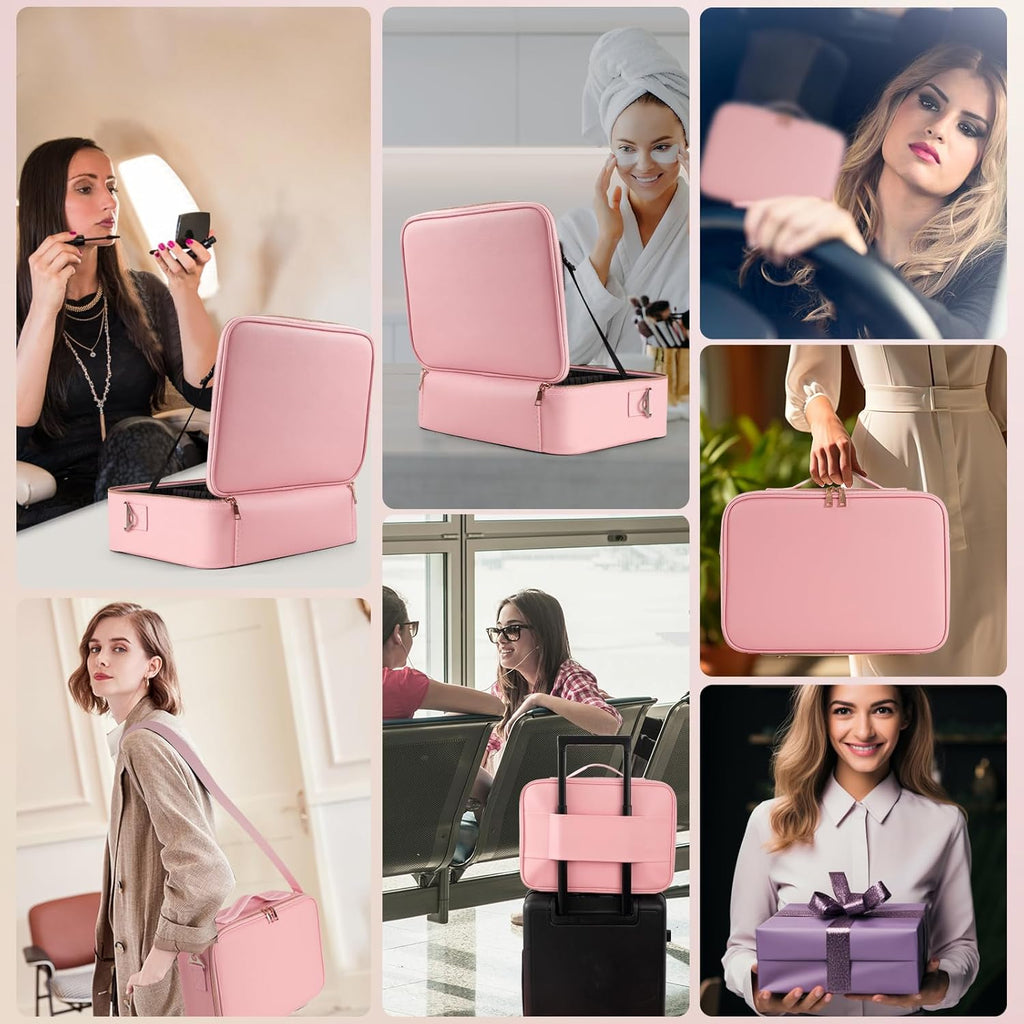 Large Capacity Makeup Bag with LED Mirror - Adjustable Brightness, Travel Organizer with Detachable Dividers & Shoulder Strap