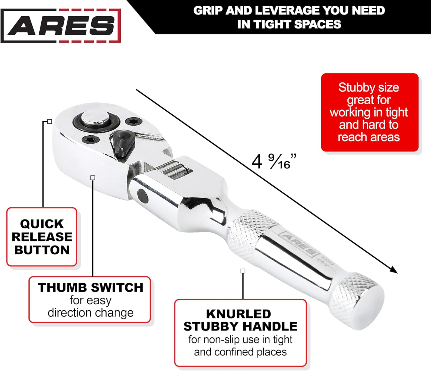 ARES 42043 Flex Head Stubby Ratchet - 1/4-Inch Drive 72-Tooth Precision Tool with Quick Release & Reversible Design - Durable Chrome Vanadium Steel with Mirror Polish Finish