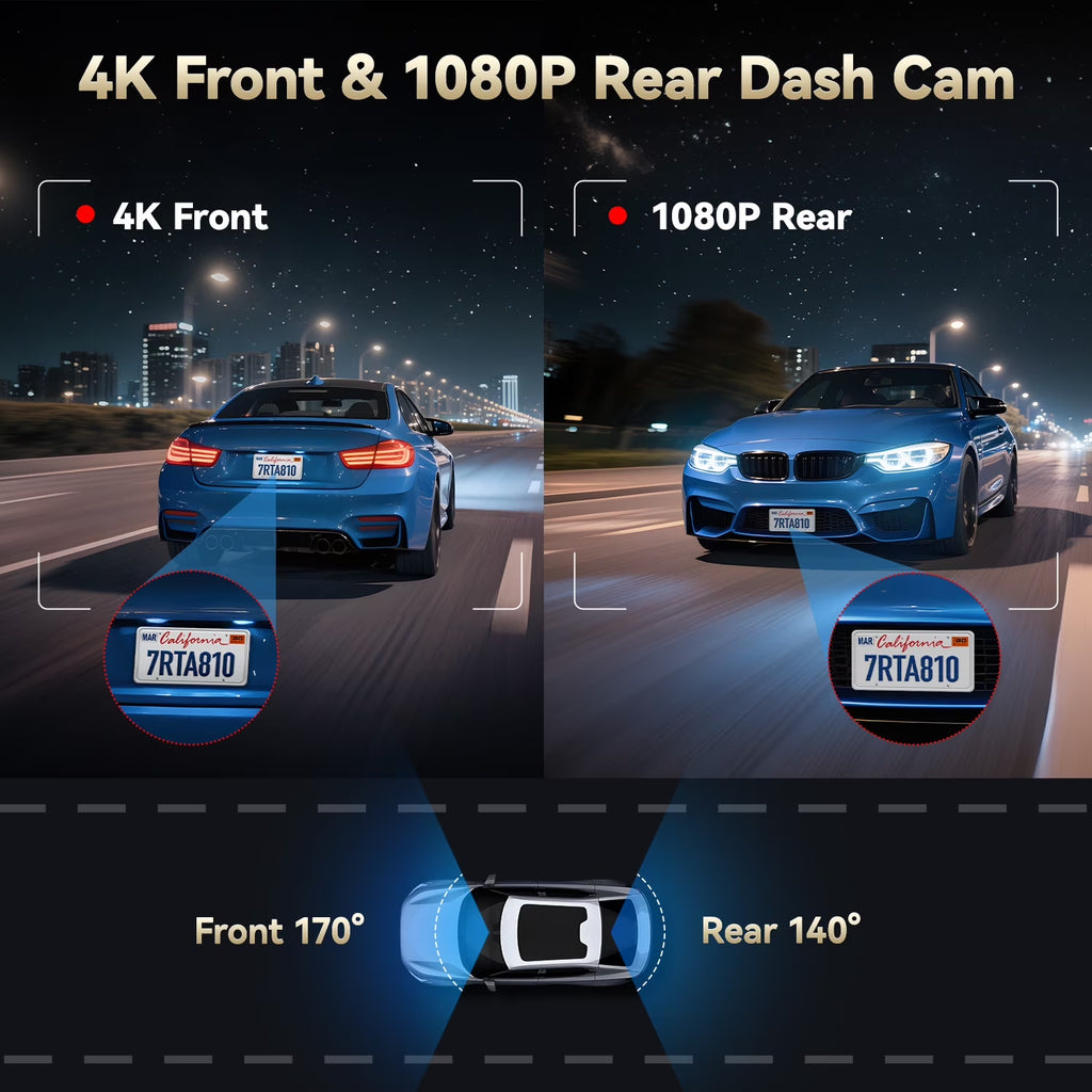 REDTIGER A8 Dash Cam Front and Rear, 4K Car Dash Camera with AI Driver Assistance, Built-In GPS, 3.18" IPS Touch Screen, Night Vision, 24H Parking Monitor, G-Sensor, Includes 64GB Card