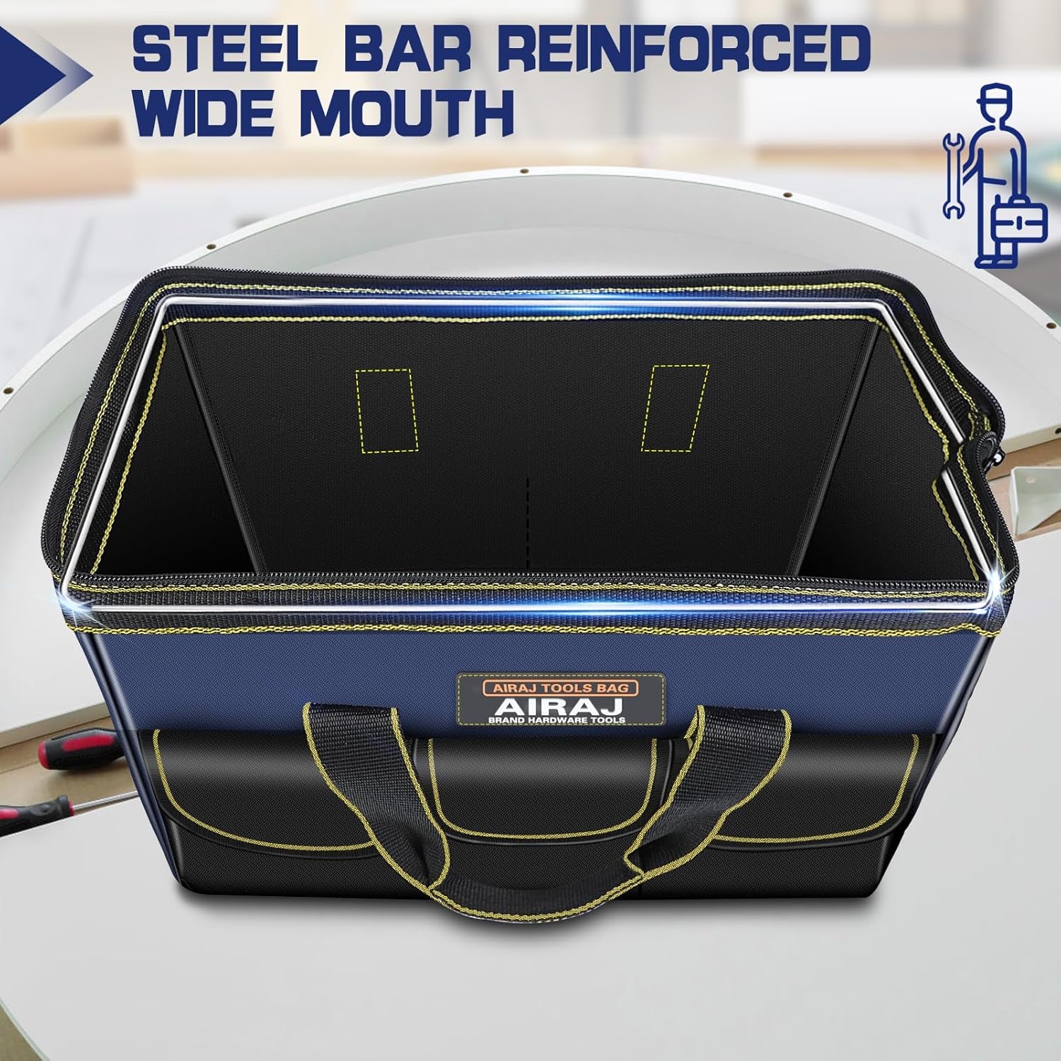 AIRAJ 14-Inch Wide Mouth Tool Bag - Ultimate Organizer for Home Repairs, Garage Storage & Professional Work - Portable Small Toolbag for Men