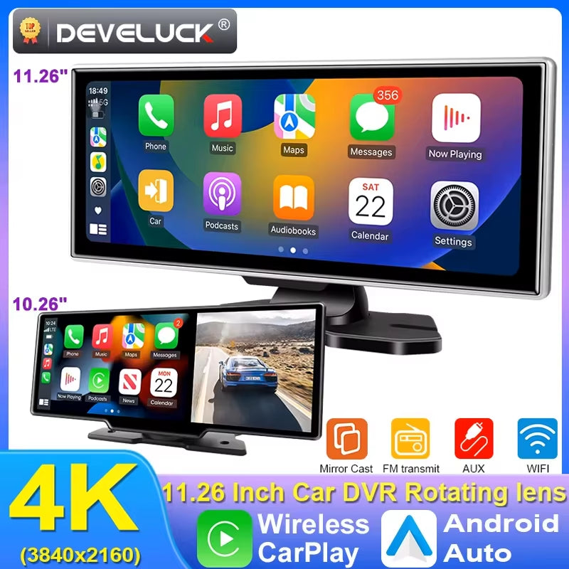 10/11.26 Inch Dash Cam 4K Car DVR Wireless Carplay & Android Auto GPS Navigation Video Recorder Dashboard Dual Lens Wifi FM AUX