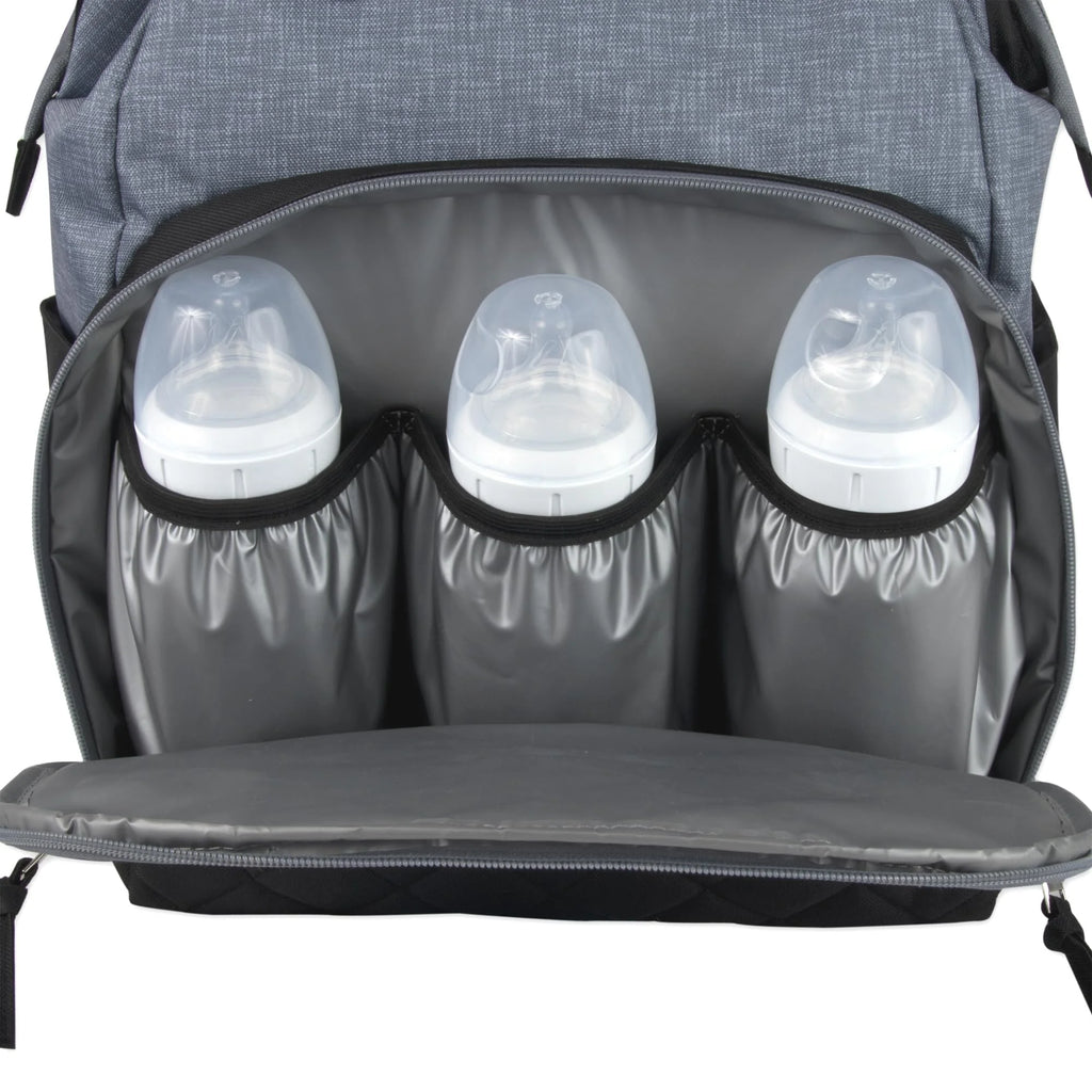 Baby Essentials Super Cooler Main Frame Dual Zipper Closure Diaper Bag Backpack Tote with Matching 6-Ply Changing Pad, Insulated Bottle Pockets and Stroller Straps in Black & Gray