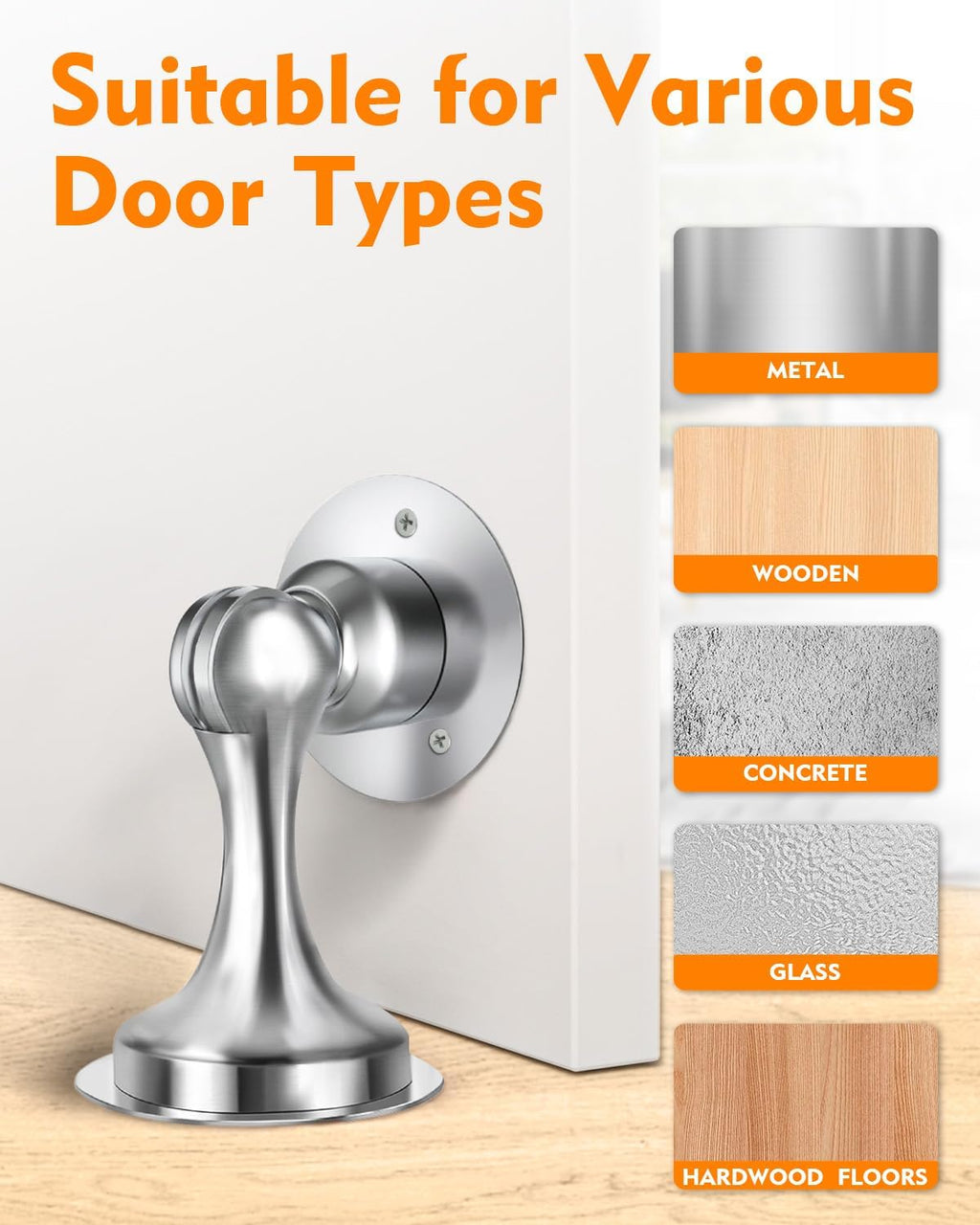 Magnetic Door Stoppers - 2 Pack Stainless Steel with No-Drill Adhesive for Strong Hold - Perfect for Wide Doors