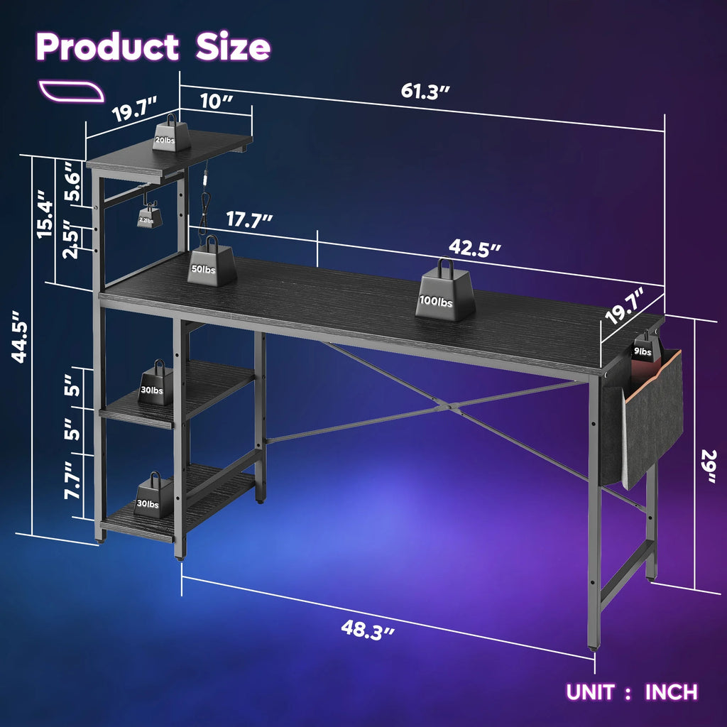 61" Reversible Gaming Desk Computer Desk with LED Lights 4 Tier Shelves Black