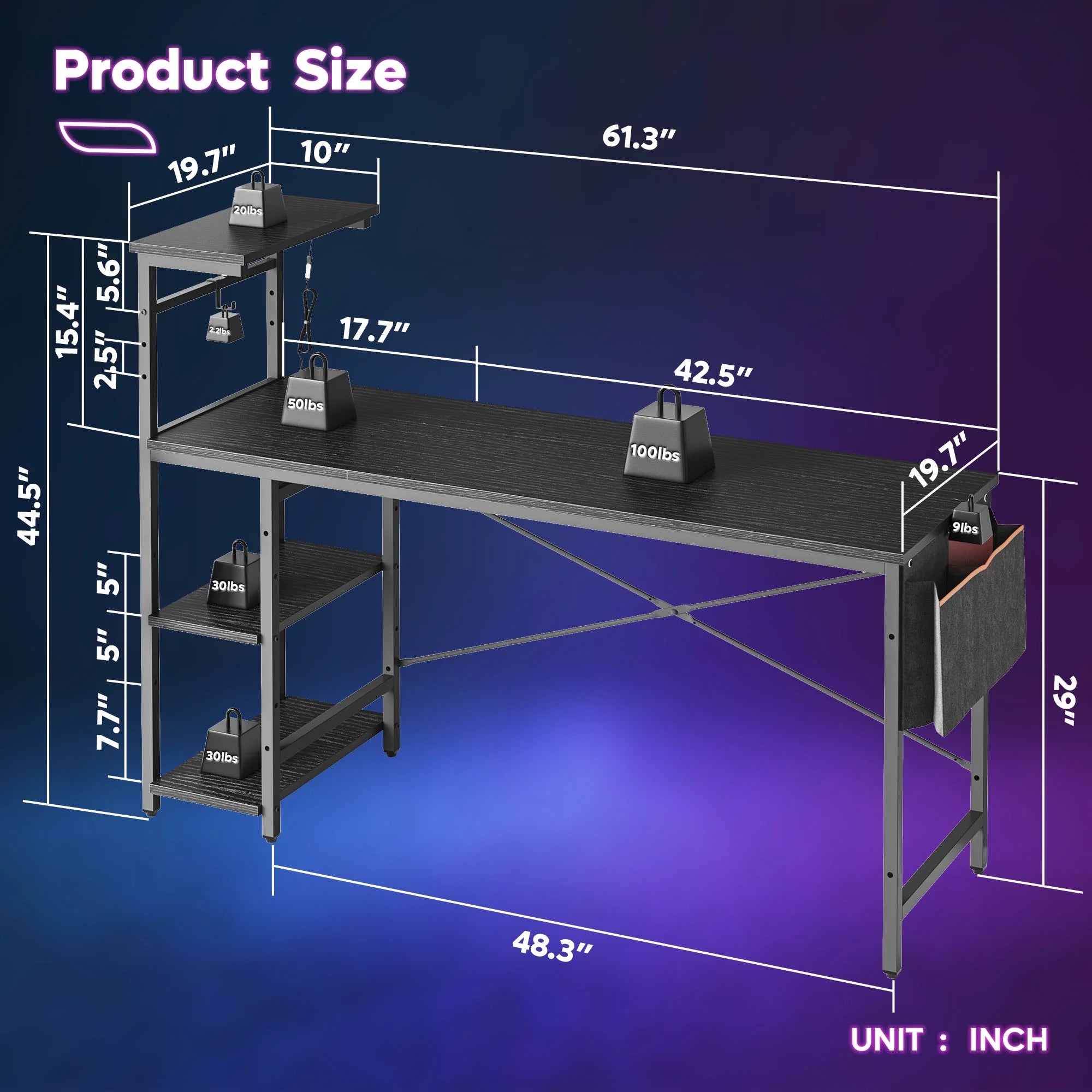 61" Reversible Gaming Desk Computer Desk with LED Lights 4 Tier Shelves Black