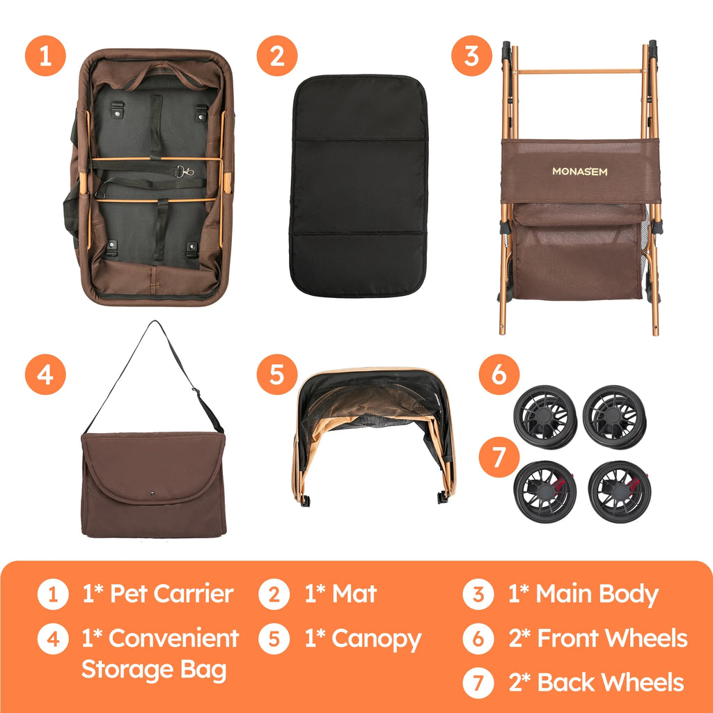 3-In-1 Pet Stroller, Foldable 4-Wheel Cat & Dog Stroller with Detachable Carrier, Canopy and Storage Basket, up to 60Lbs, Brown