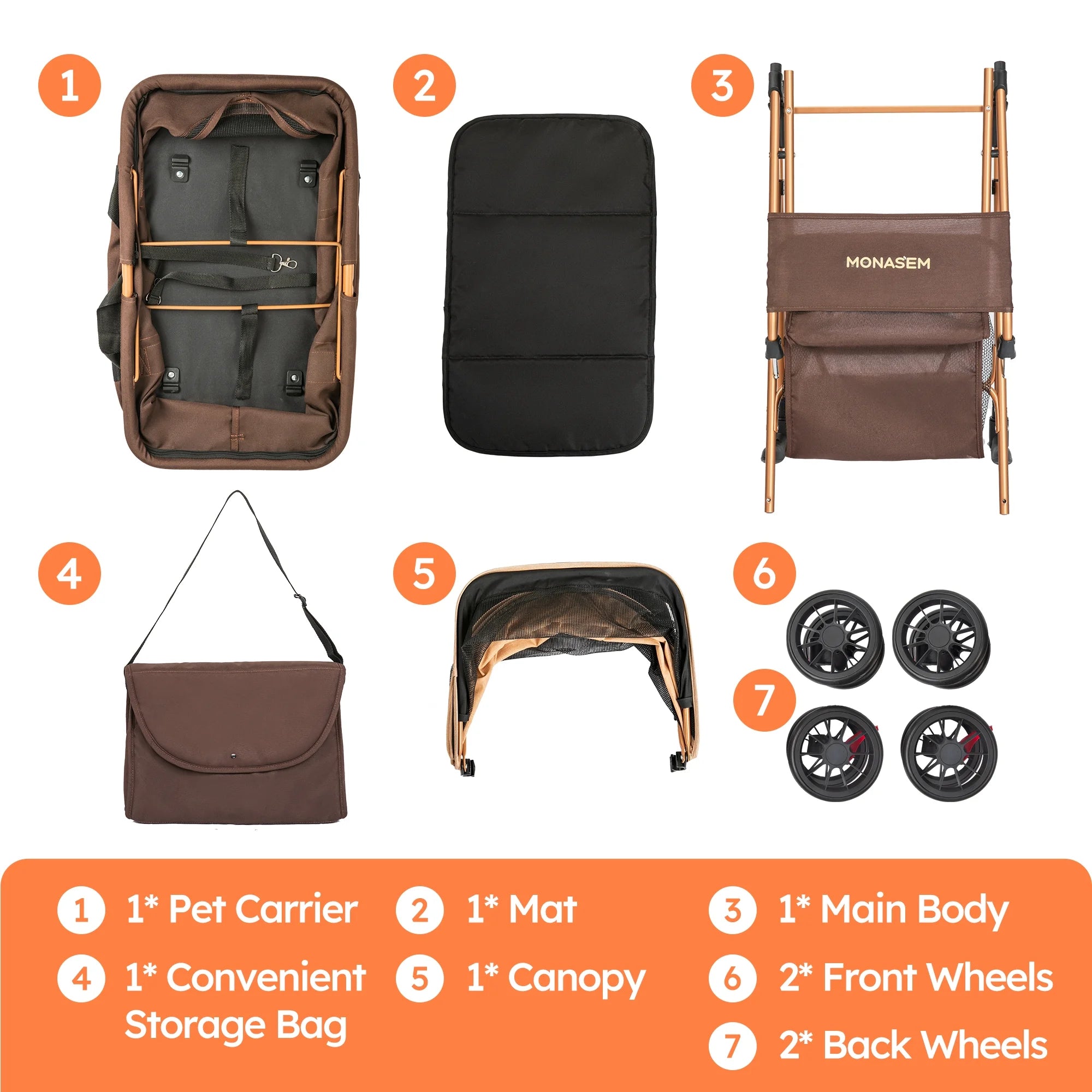 3-In-1 Pet Stroller, Foldable 4-Wheel Cat & Dog Stroller with Detachable Carrier, Canopy and Storage Basket, up to 60Lbs, Brown