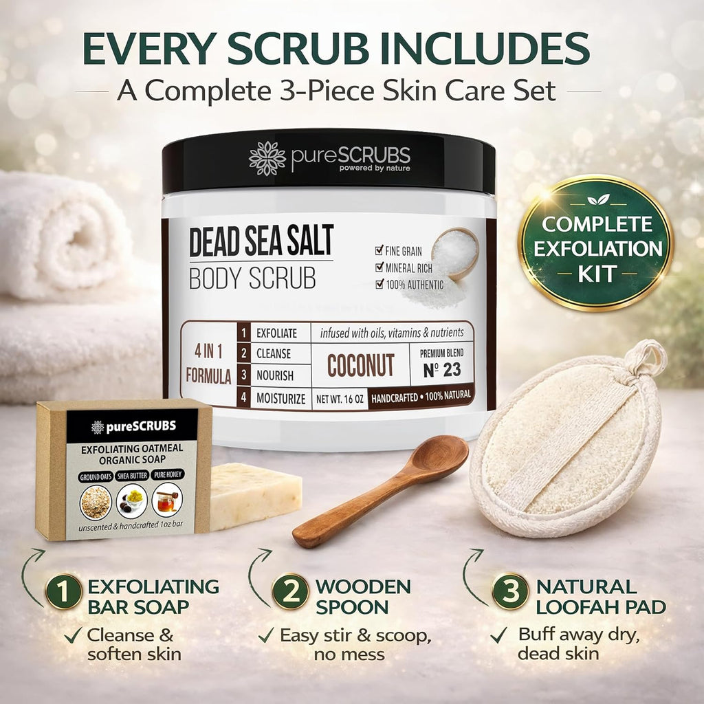 Purescrubs Premium Coconut Body Scrub Set - Large 16Oz Dead Sea Salt Body Scrub with Infused Essential Oils & Nutrients, Includes Wooden Spoon, Loofah & Oatmeal Exfoliating Bar Soap