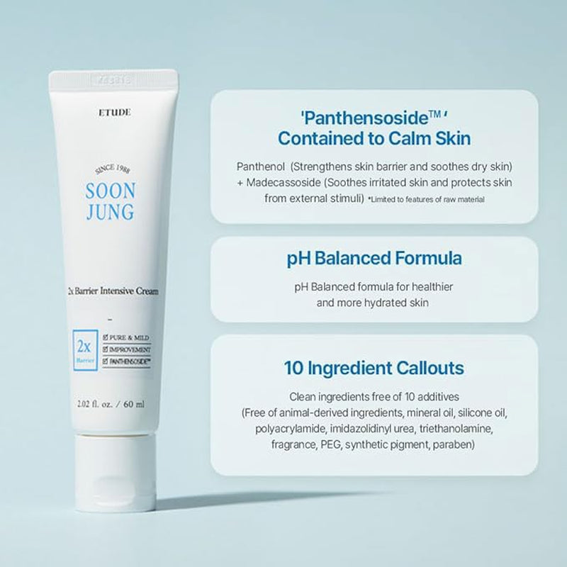 ETUDE Soonjung 2X Intensive Cream for Barrier Repair, Rich Moist, Madecassoside & Panthenol for Soothing, Face Moisturizer for Sensitive Skin, Ph Balanced, Hypoallergenic, Korean Skin Care,2.02 Fl Oz