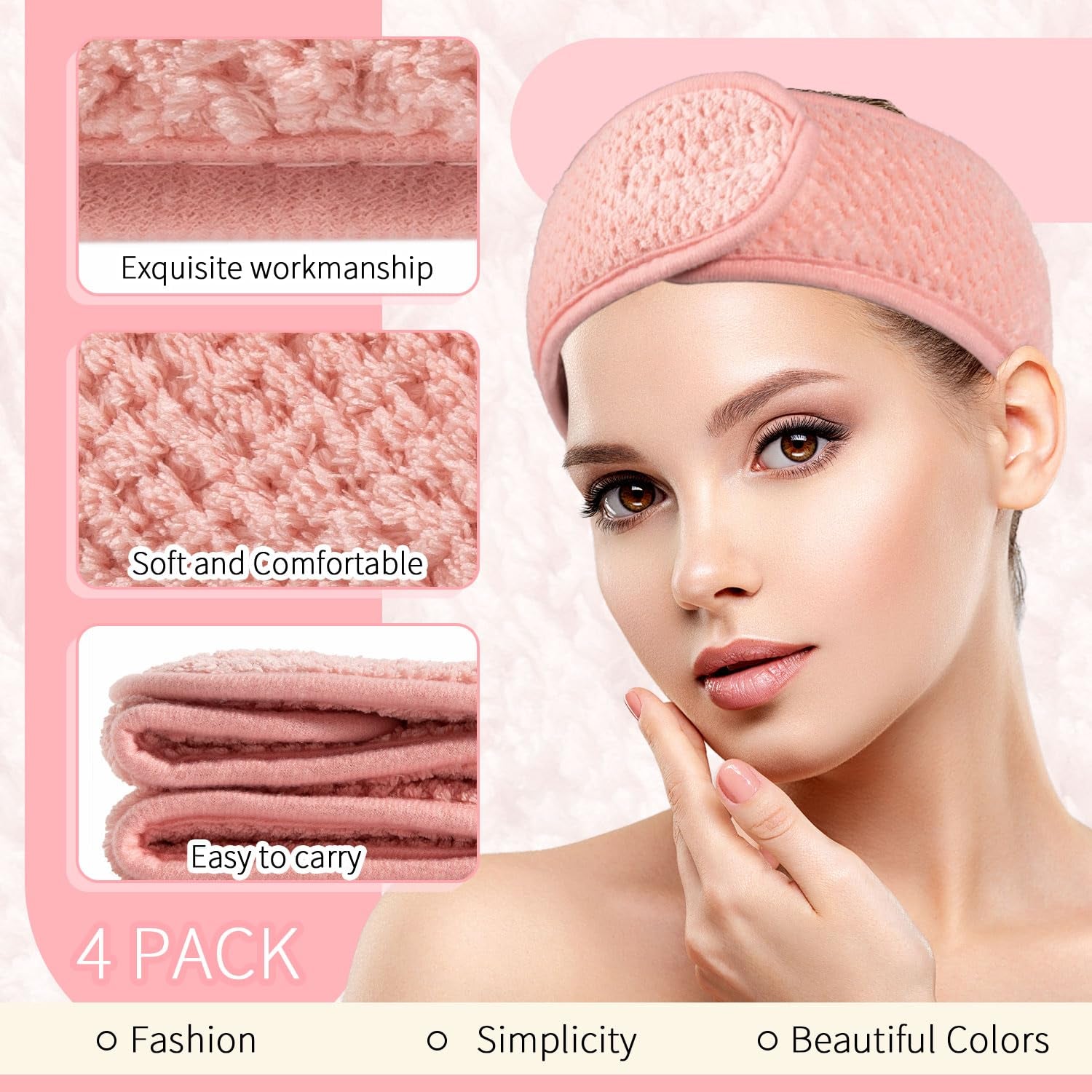 Whaline 4 Pack Adjustable Spa Facial Headbands - Soft Towel Hair Wraps for Makeup, Face Washing, Shower & Yoga (Pea Green, Pink, Beige, Light Gray)
