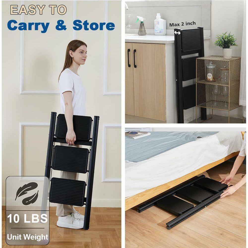 Double Elite Reach 35 In. H 3 Ft. Step Folding Laddersturdy 330 Lbs. Capacity Full Steel Anti-Slip Pedals Compact Design