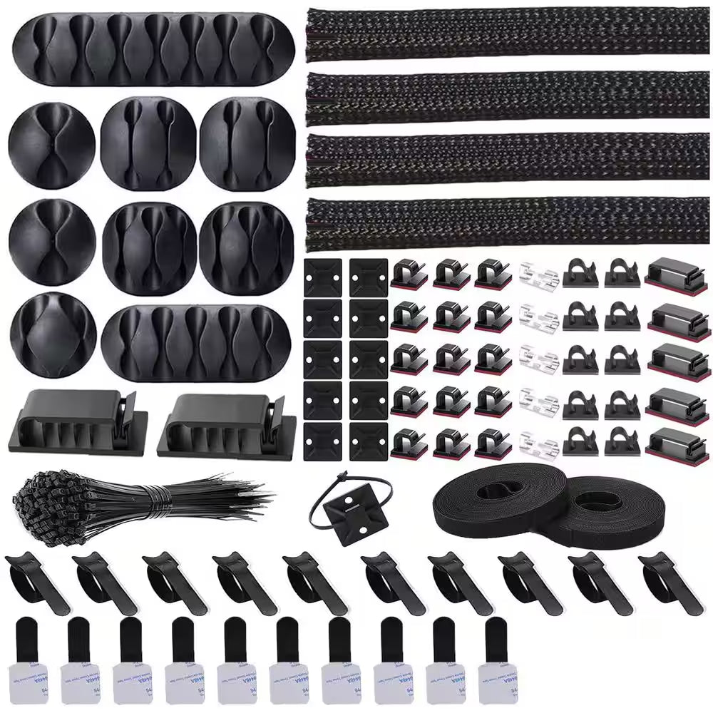 Cord Management Organizer Kit 4 Cable Sleeve Split 41 Self Adhesive Clips Holder 10-Piece 2 Roll Self-Tie 100 Ties Black
