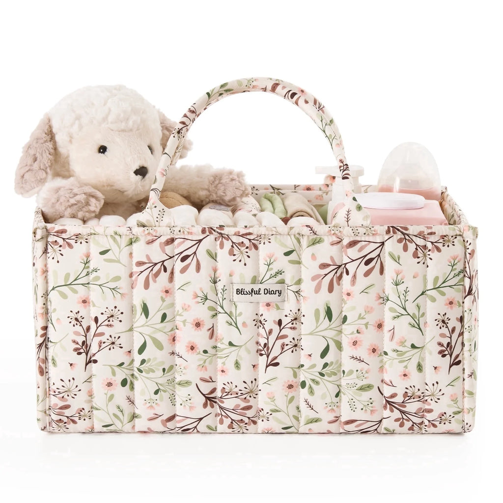 Blissful Diary Diaper Caddy Organizer,Baby Baskets for Baby Shower, Portable Nursery Changing Table Organizer, Diaper Bag, Infant Newborn Essentials Gift, Baby Registry Must Have, Botanical Floral