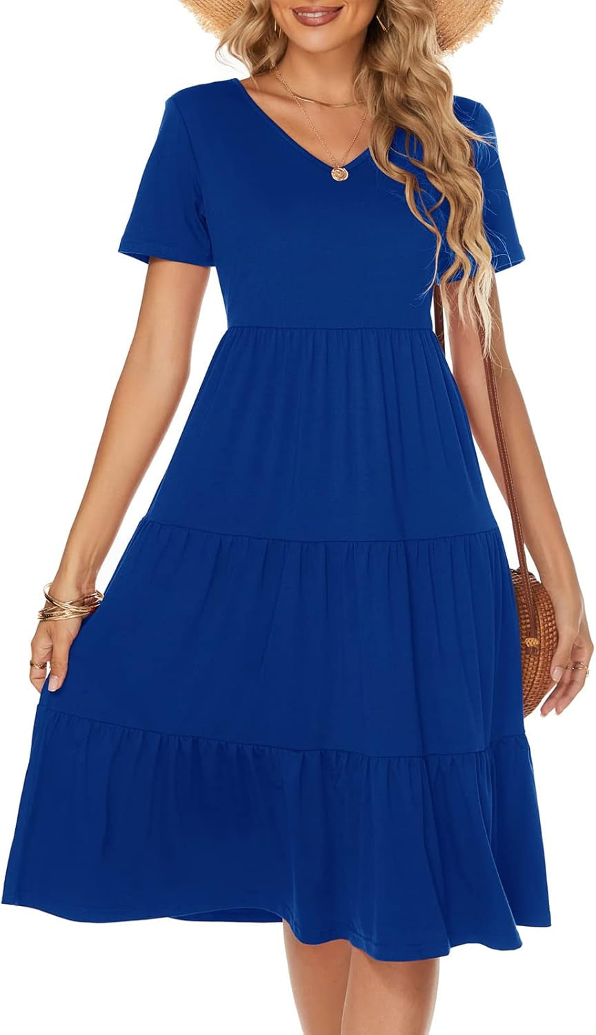 Berydress Women'S Casual Summer Tiered Midi Dress 2025 Short Sleeve V-Neck Loose Cotton Ruffle Babydoll Dress Boho Sundress