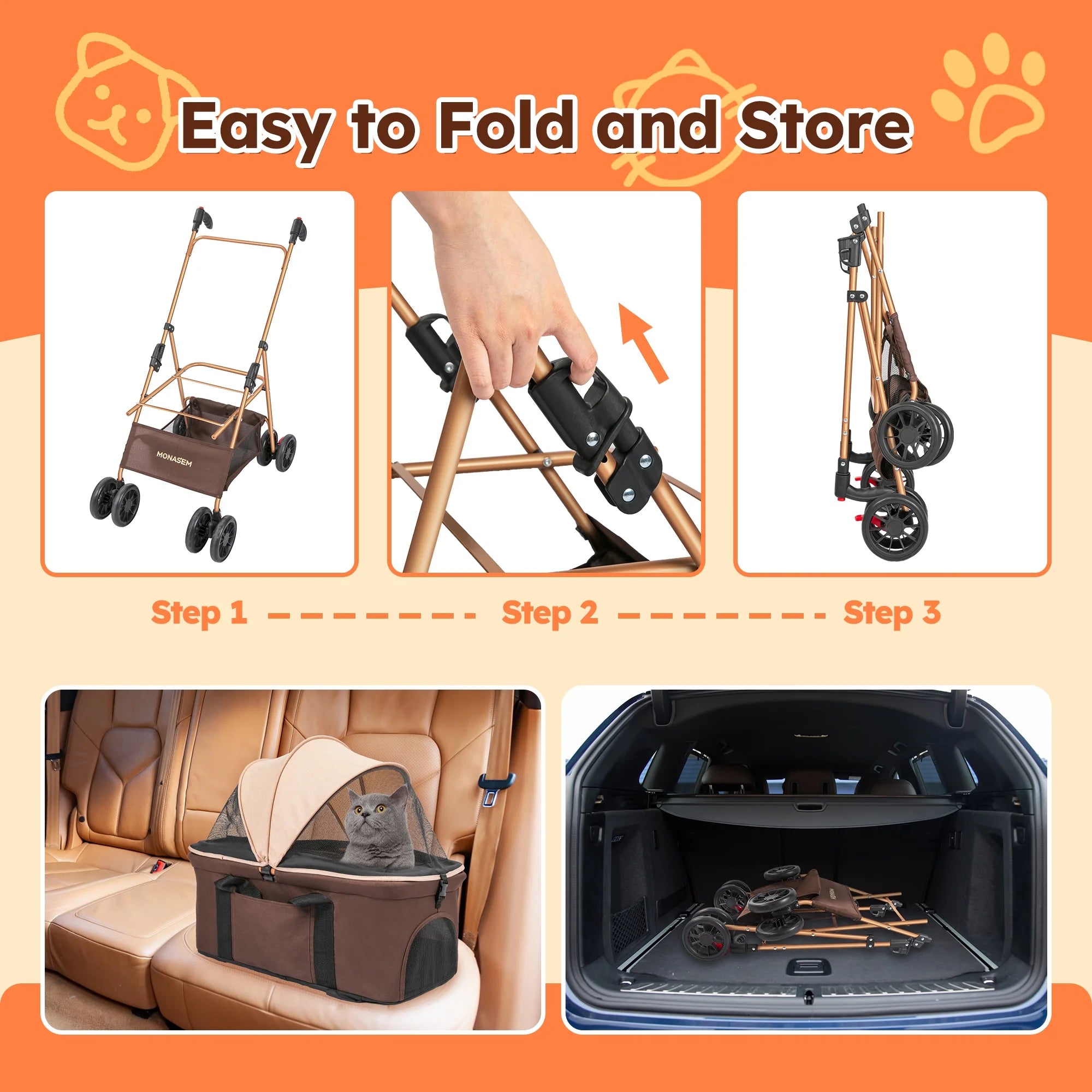 3-In-1 Pet Stroller, Foldable 4-Wheel Cat & Dog Stroller with Detachable Carrier, Canopy and Storage Basket, up to 60Lbs, Brown
