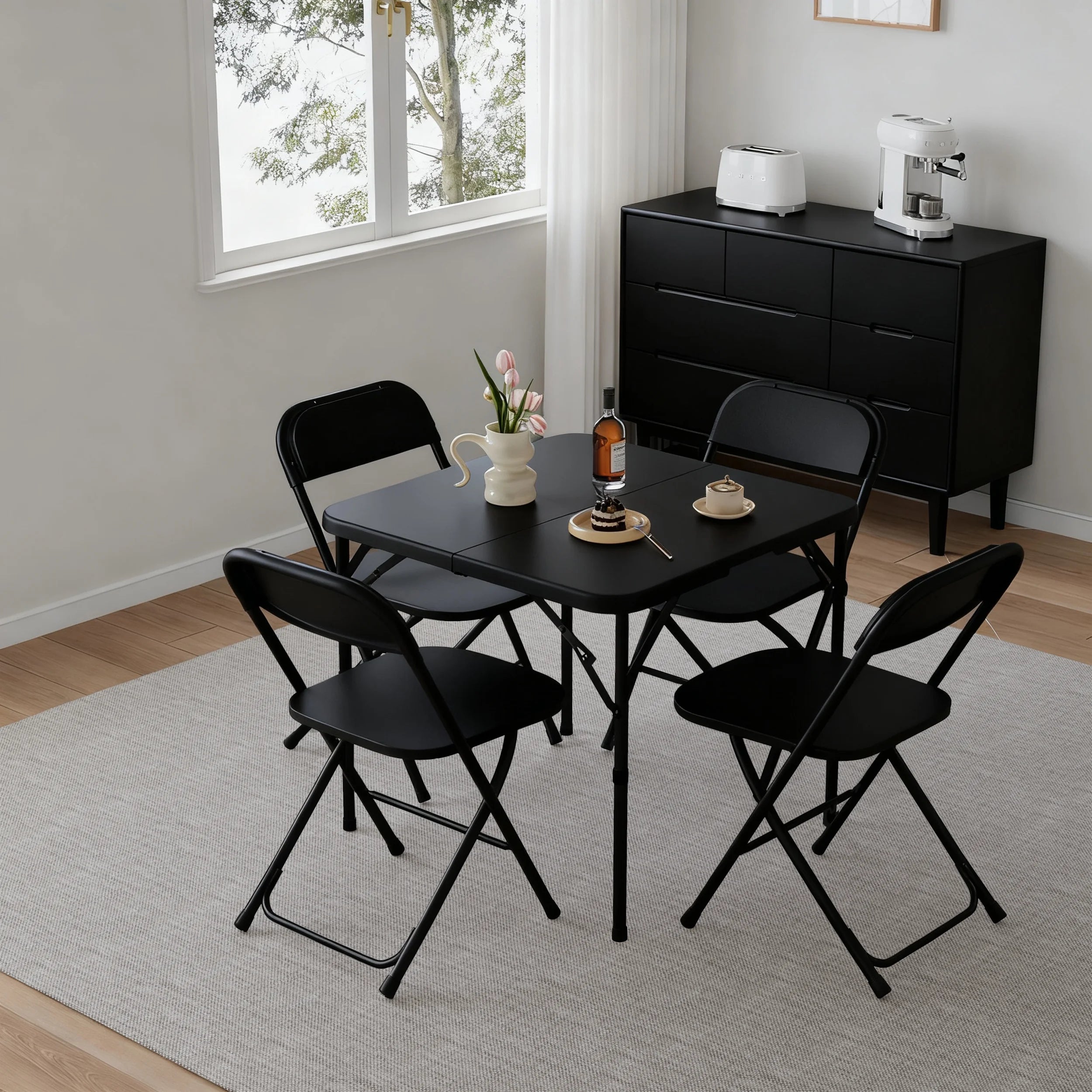 34" Square Folding Table,Fold-In-Half Plastic Card Table,Picnic Party Event Dining Camp Table for Indoor Outdoor,Black