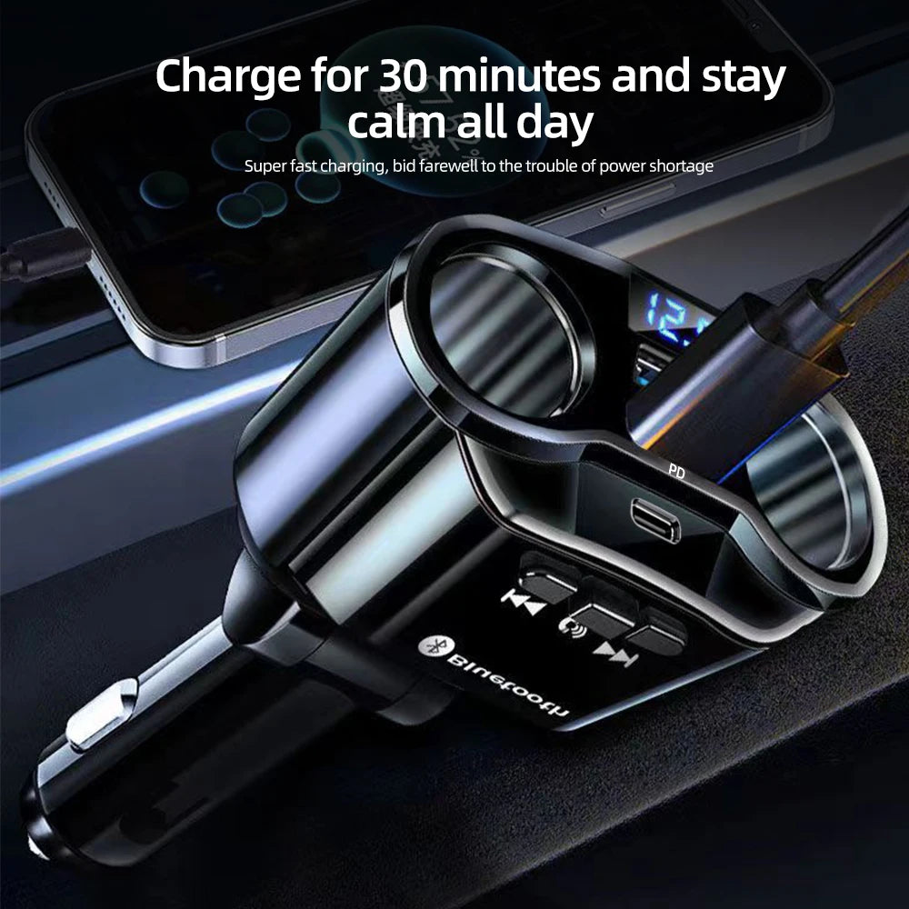 12V-24V Car Cigarette Lighter Socket Splitter Charger with PD QC3.0 Fast Charging, Dual USB Ports, 4.8A Output, and Digital Display Power Adapter