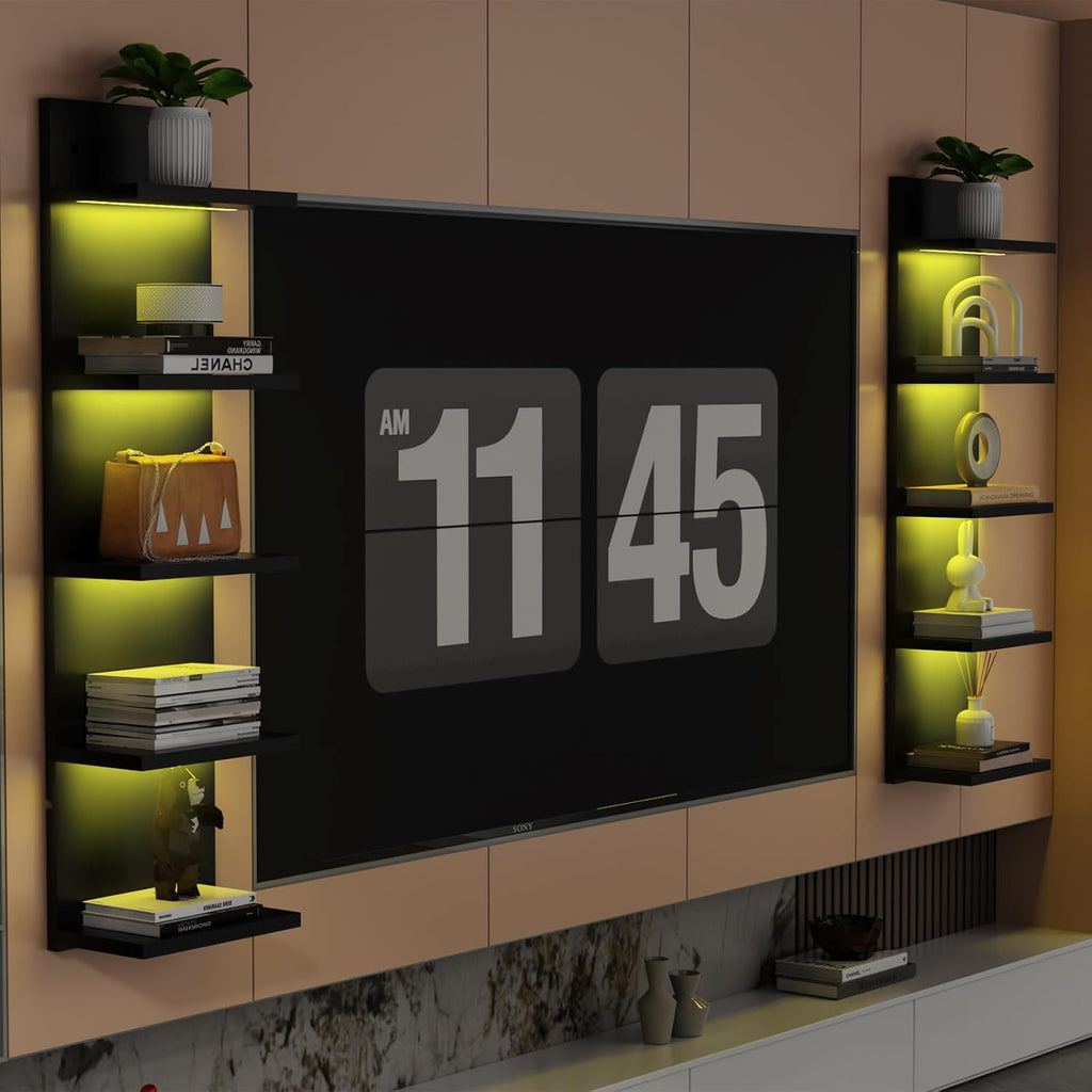 5-Tier Black Floating Wall Shelf with RGB LED Lighting for Bedroom Decor