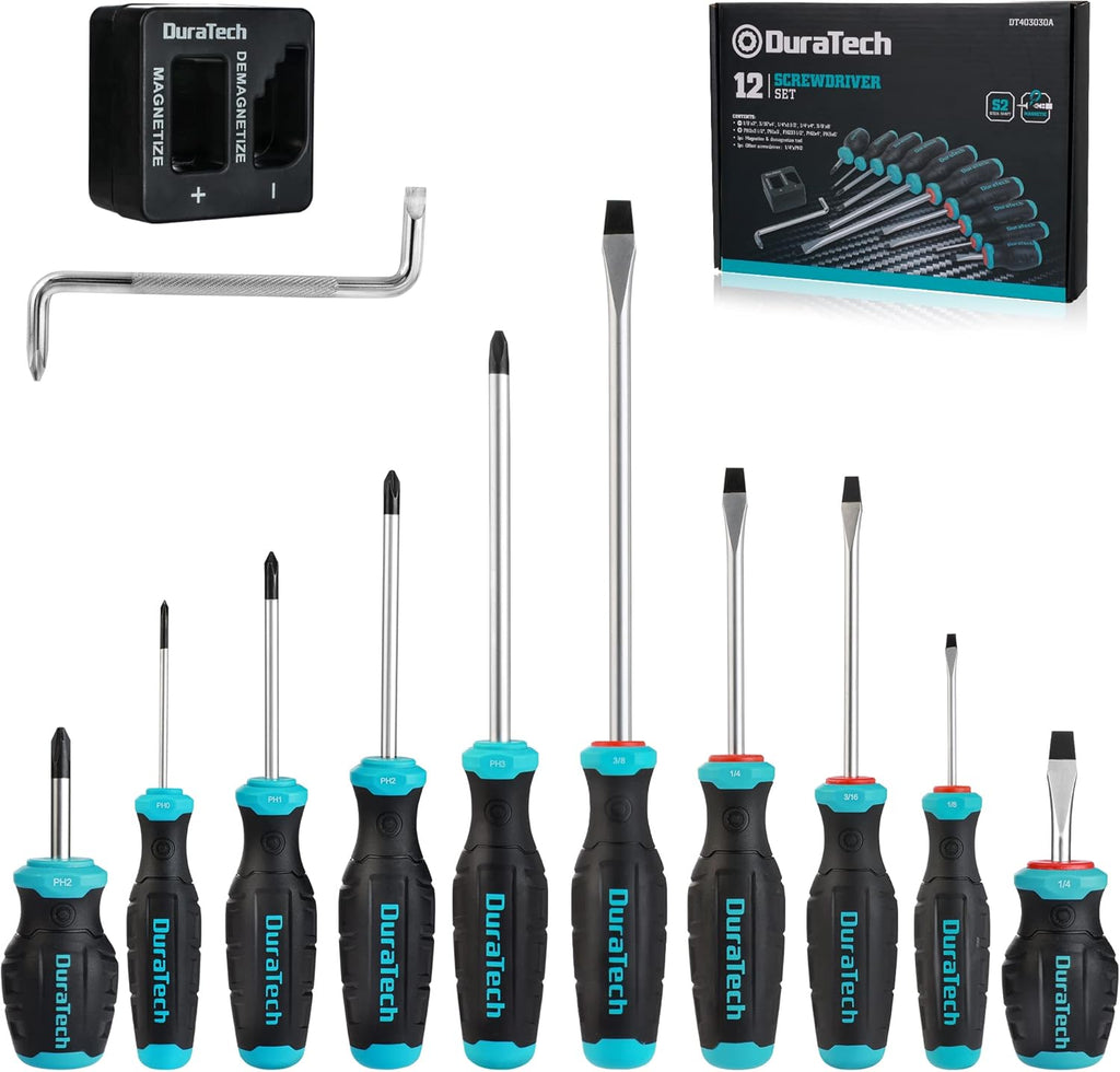 DURATECH 12-Piece Magnetic Screwdriver Set, 5 Phillips and 5 Slotted Tip S2 Alloy Steel Screwdriver Set, 1 Pc Magnetizer Demagnetizer, 1 Pc CR-V Offset Screwdriver, Storage Tray Included