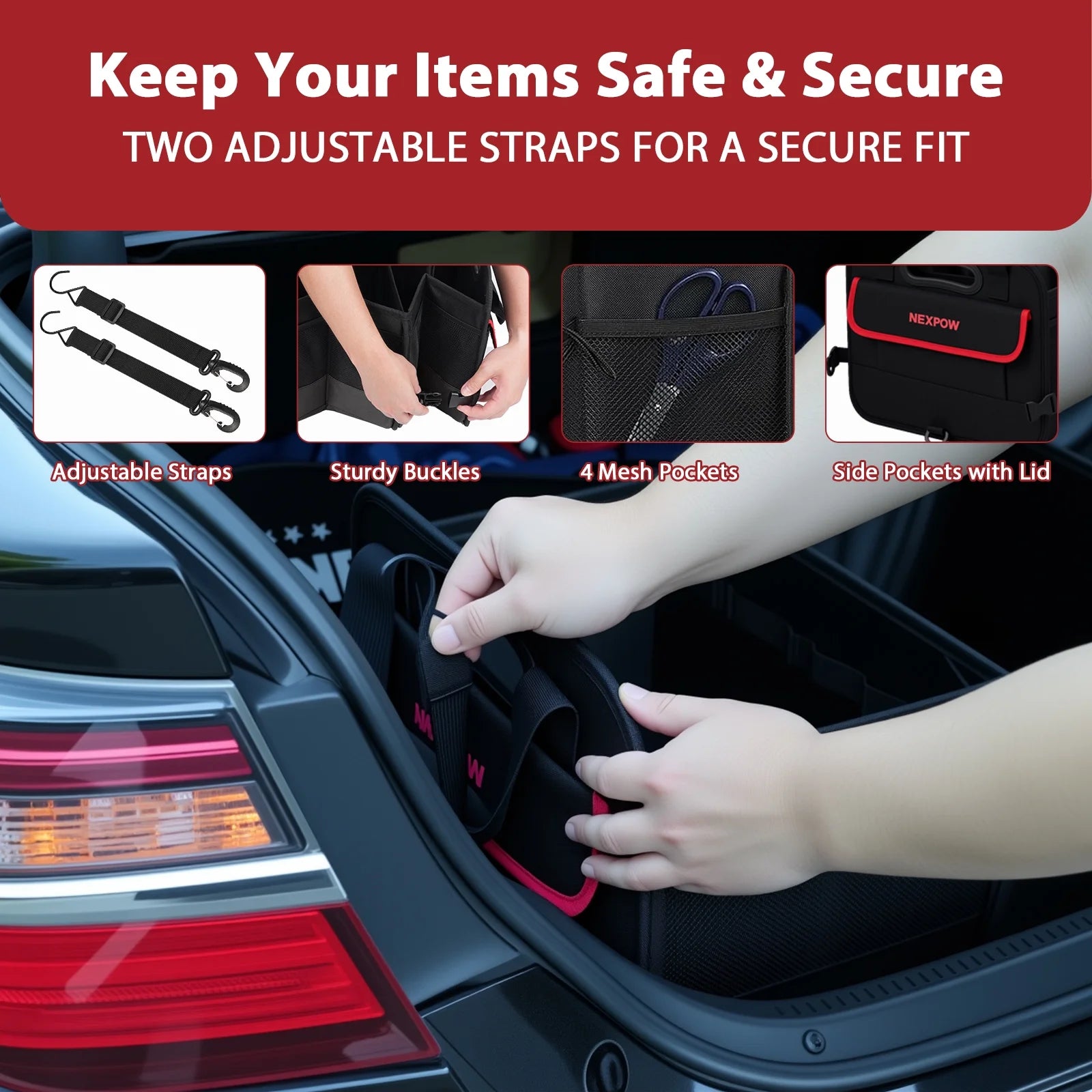 Car Trunk Organizer, 95L Collapsible SUV Organizer, Multi-Compartment, Car Storage Box with 2 Adjustable Straps for Women Men