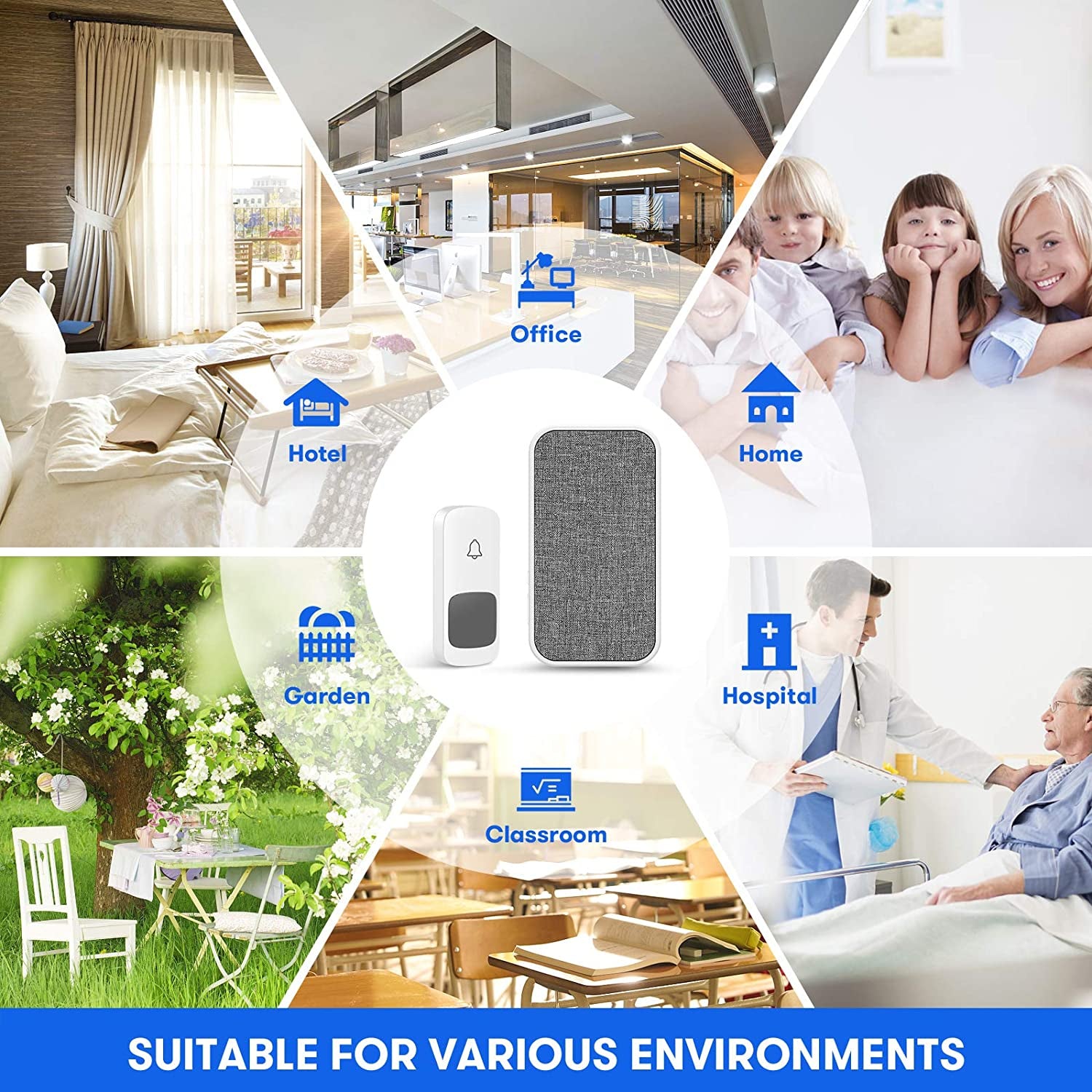 Wireless Doorbell, Remote Door Bell Ringer Wireless Long Range 1300FT with Fabric Finish, Coolqiya Portable Wireless Door Bells with 2Pcs Plug-In Doorbell Chime and 2Pcs Waterproof Ringer Button