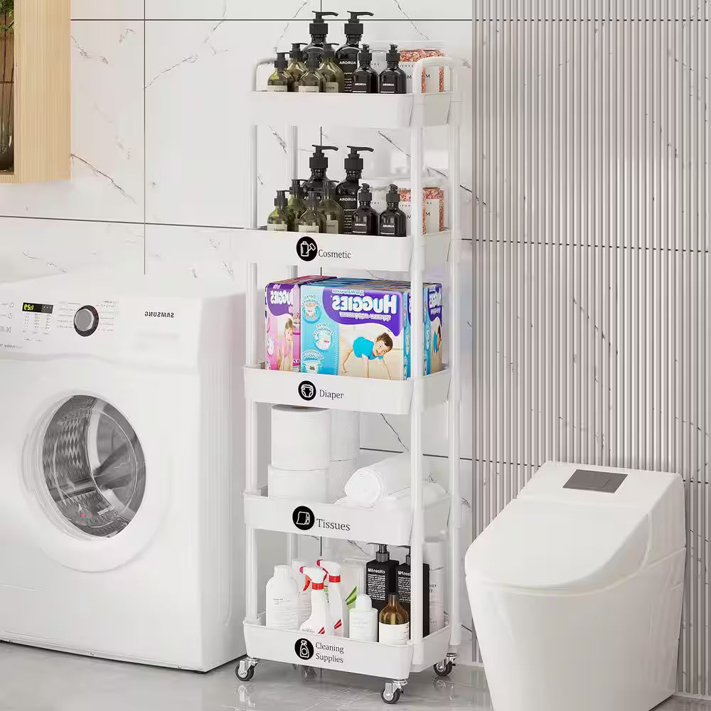 5-Tier Black Storage Organizer with Wheels and Classified Stickers, Utility Storage Carts for Bathroom, Laundry, Kitchen