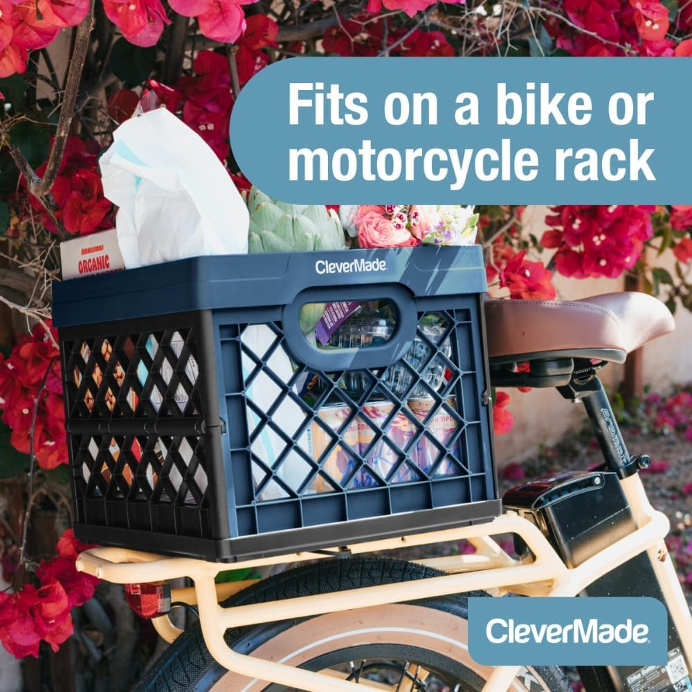 Clevermade Heavy Duty Collapsible Milk Crate - 25L (6.6 Gal) Stackable Storage Solution with File Rails - Obsidian Color