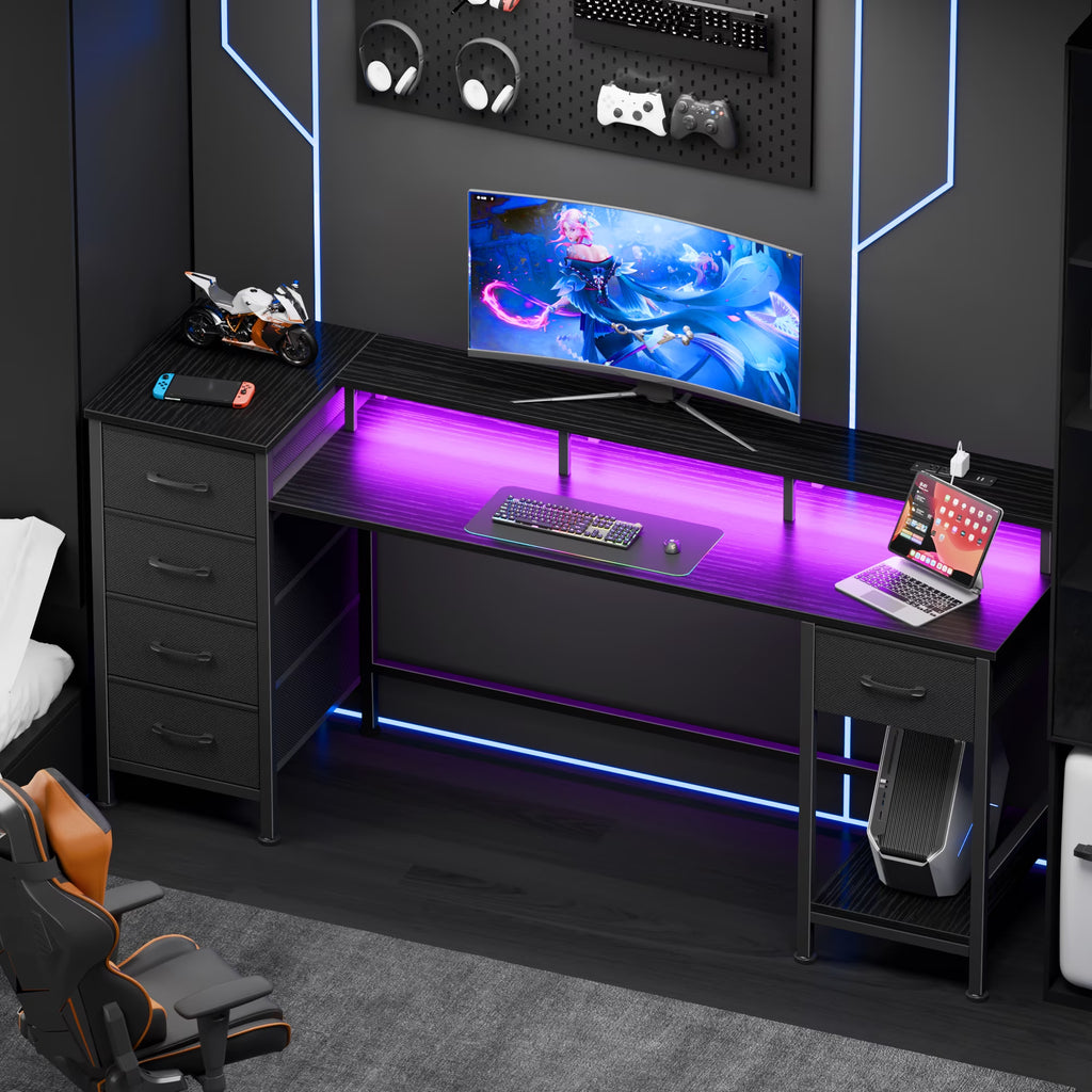 Gaming Desk with LED Lights & Power Outlets, 66" Computer Desk with 5 Fabric Drawers & Open Storage, Reversible Home Office Desk,Black