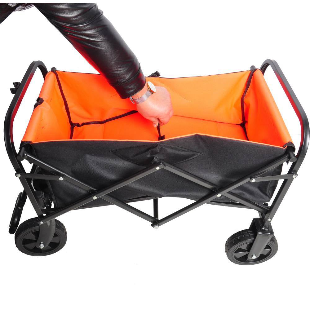 1.4 Cu.Ft. Outdoor Folding Steel Garden Cart Utility Wagon Cart with Adjustable Handle, Black plus Organge