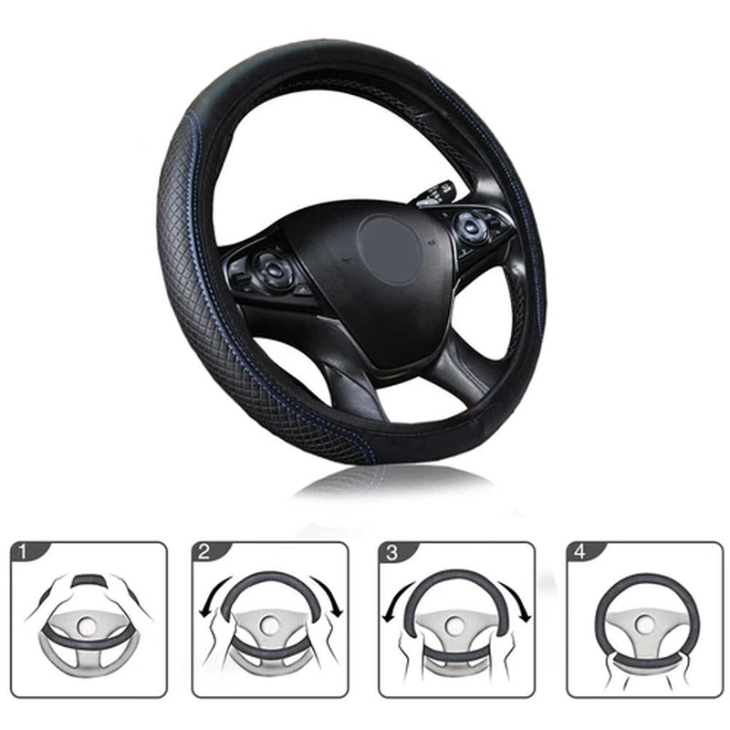 Premium Black Leather Steering Wheel Cover for 15" (37-38CM) - Enhanced Grip Car Accessory