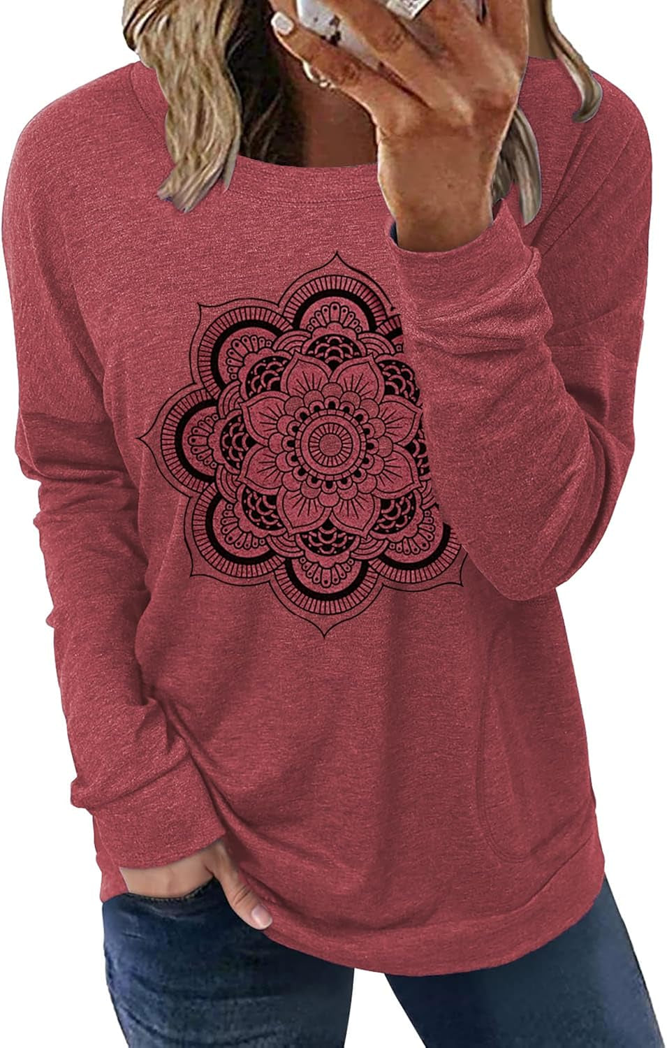 Hount Womens Casual Loose Fit Shirts Long Sleeve Comfy T-Shirts Pullover Sweatshirts with Pockets