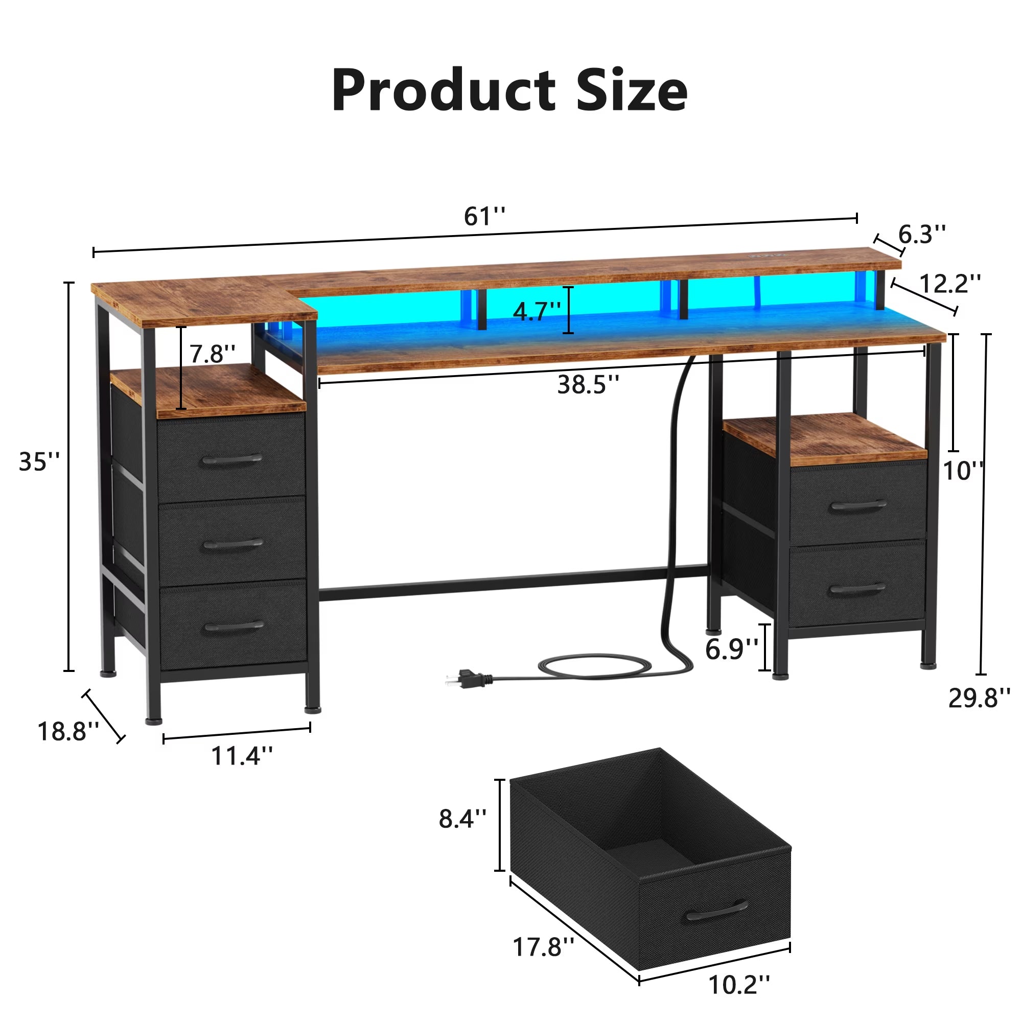Gaming Desk with LED Lights & Power Outlets, 66" Computer Desk with 5 Fabric Drawers & Open Storage, Reversible Home Office Desk,Retro Brown