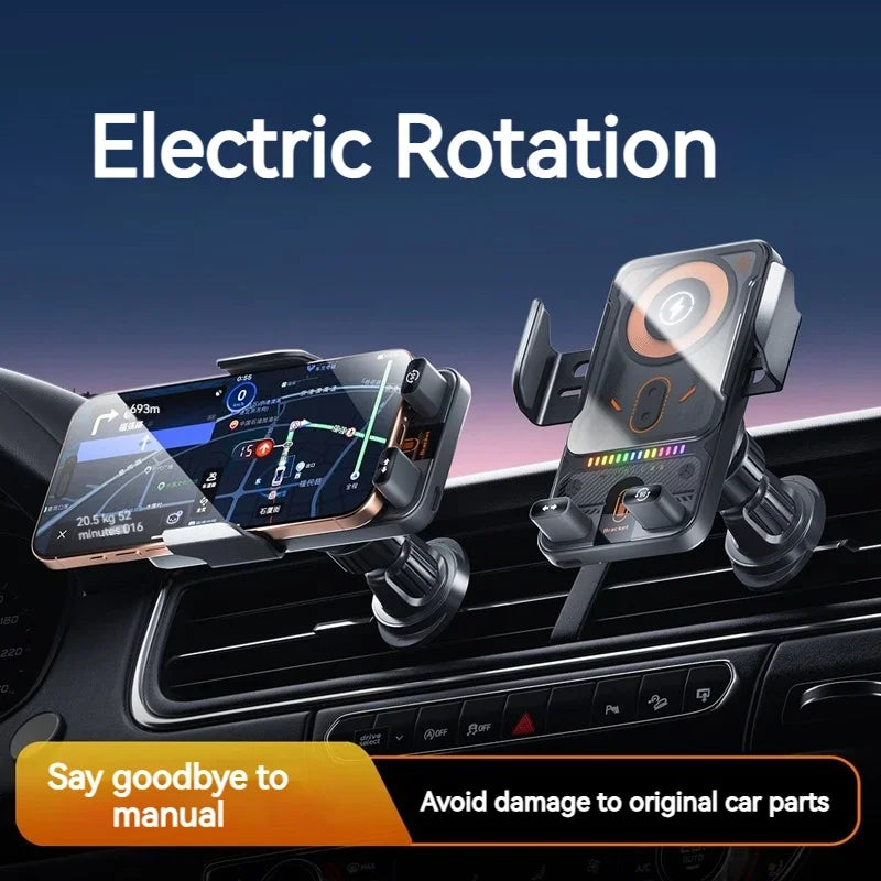 Auto-Sensing Electric Telescopic 360° Rotating 15W Universal Car Wireless Charger Mount Ambient Light for Iphone/Samsung/Xiaomi