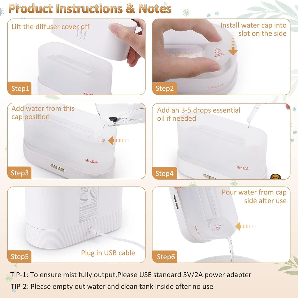 Flame Effect Essential Oil Diffuser & Humidifier - 180ML Auto Off, 2 Brightness Modes for Home, Office, Spa & Gym (White)