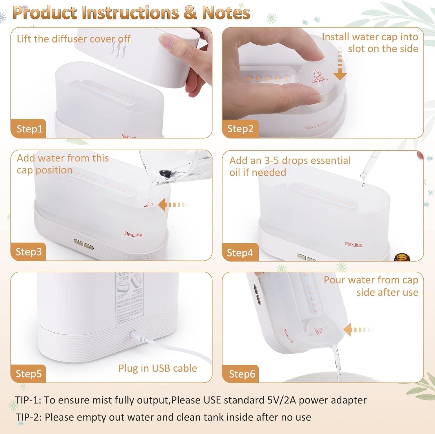Flame Effect Essential Oil Diffuser & Humidifier - 180ML Auto Off, 2 Brightness Modes for Home, Office, Spa & Gym (White)