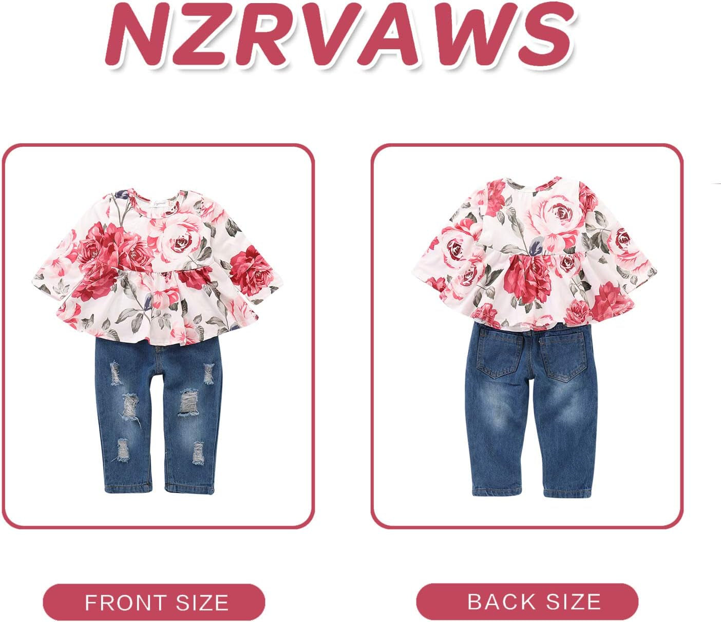 NZRVAWS 9-12 Months Toddler Girls Clothes Baby Outfit Floral Long Sleeve Shirt Tops Denim Ripped Jeans Long Pant Infant for Girls